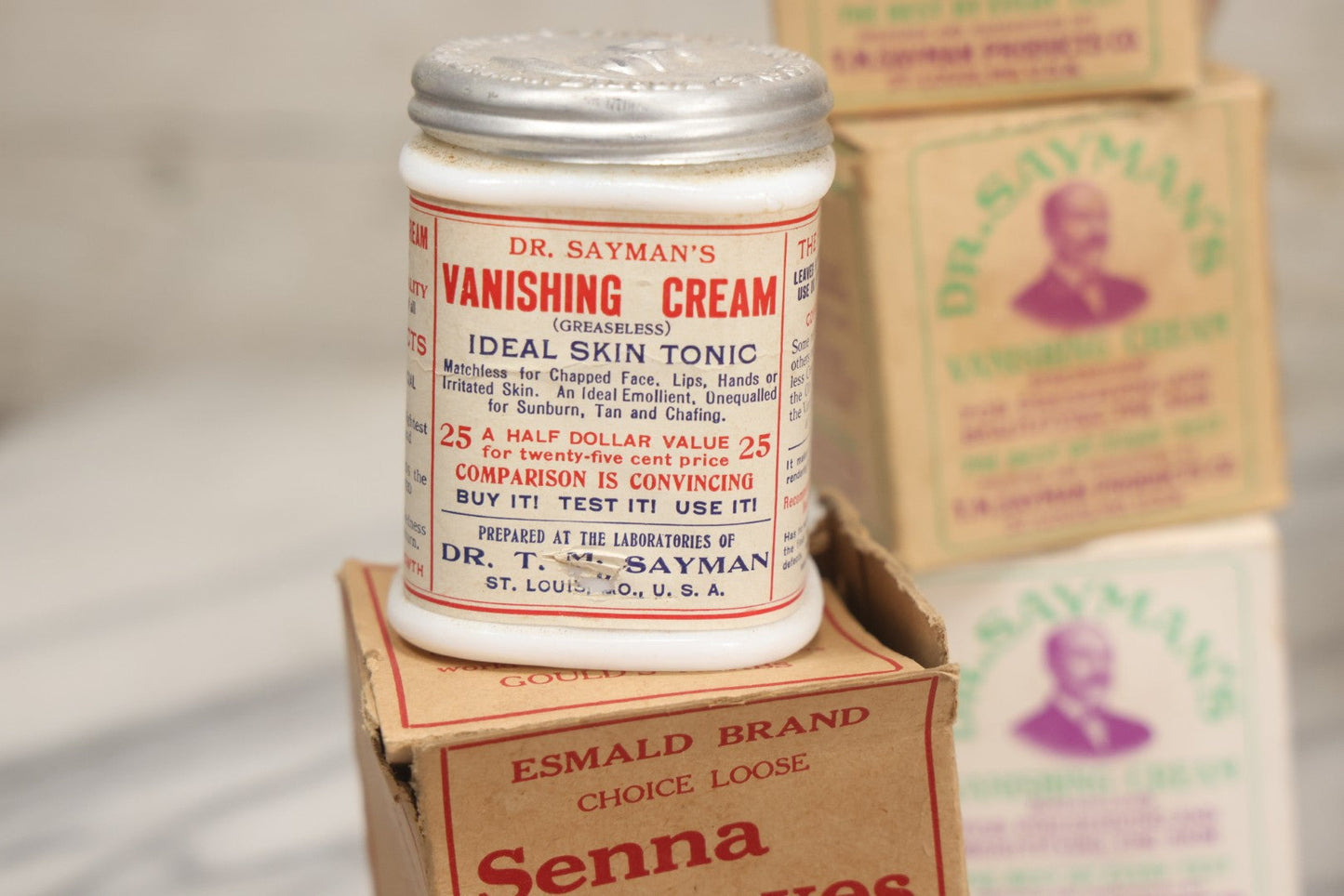 Lot 016 - Antique Traveling Salesman's Patent Medicine Case With Extensive Contents From T.M. Sayman Products Co., St. Louis, Missouri — Nos Vanishing Creams, Flavoring Extracts, Remedies, Ephemera & Sales Ledger