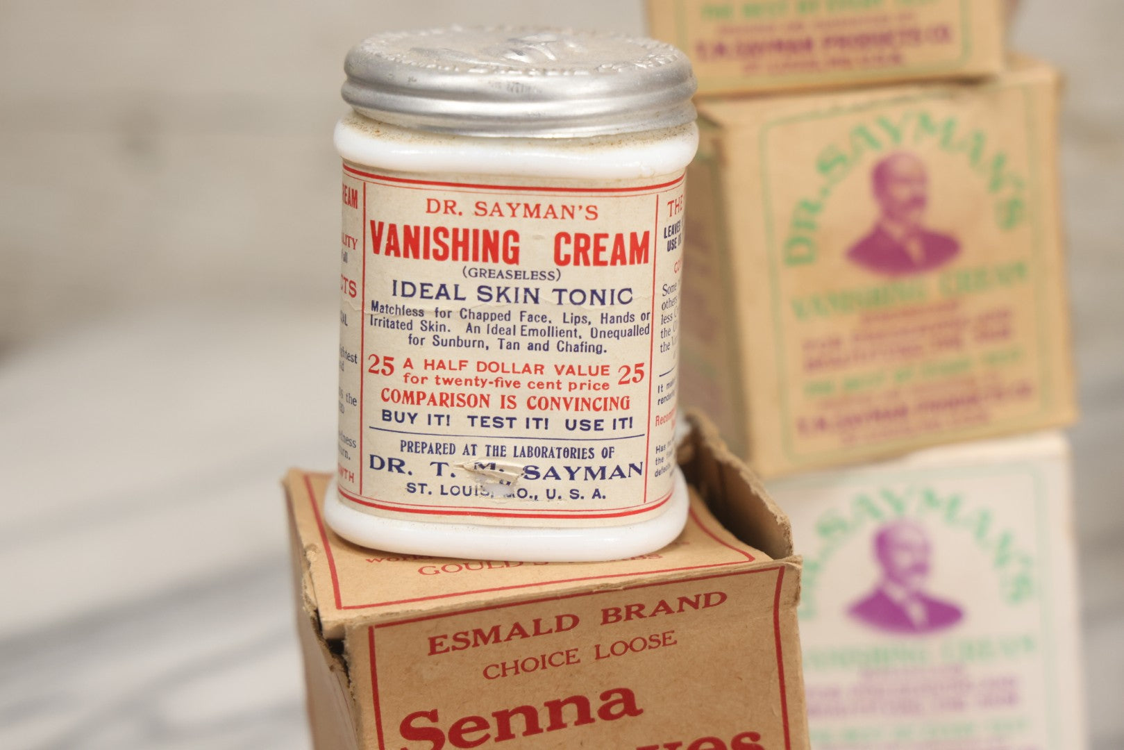 Lot 016 - Antique Traveling Salesman's Patent Medicine Case With Extensive Contents From T.M. Sayman Products Co., St. Louis, Missouri — Nos Vanishing Creams, Flavoring Extracts, Remedies, Ephemera & Sales Ledger