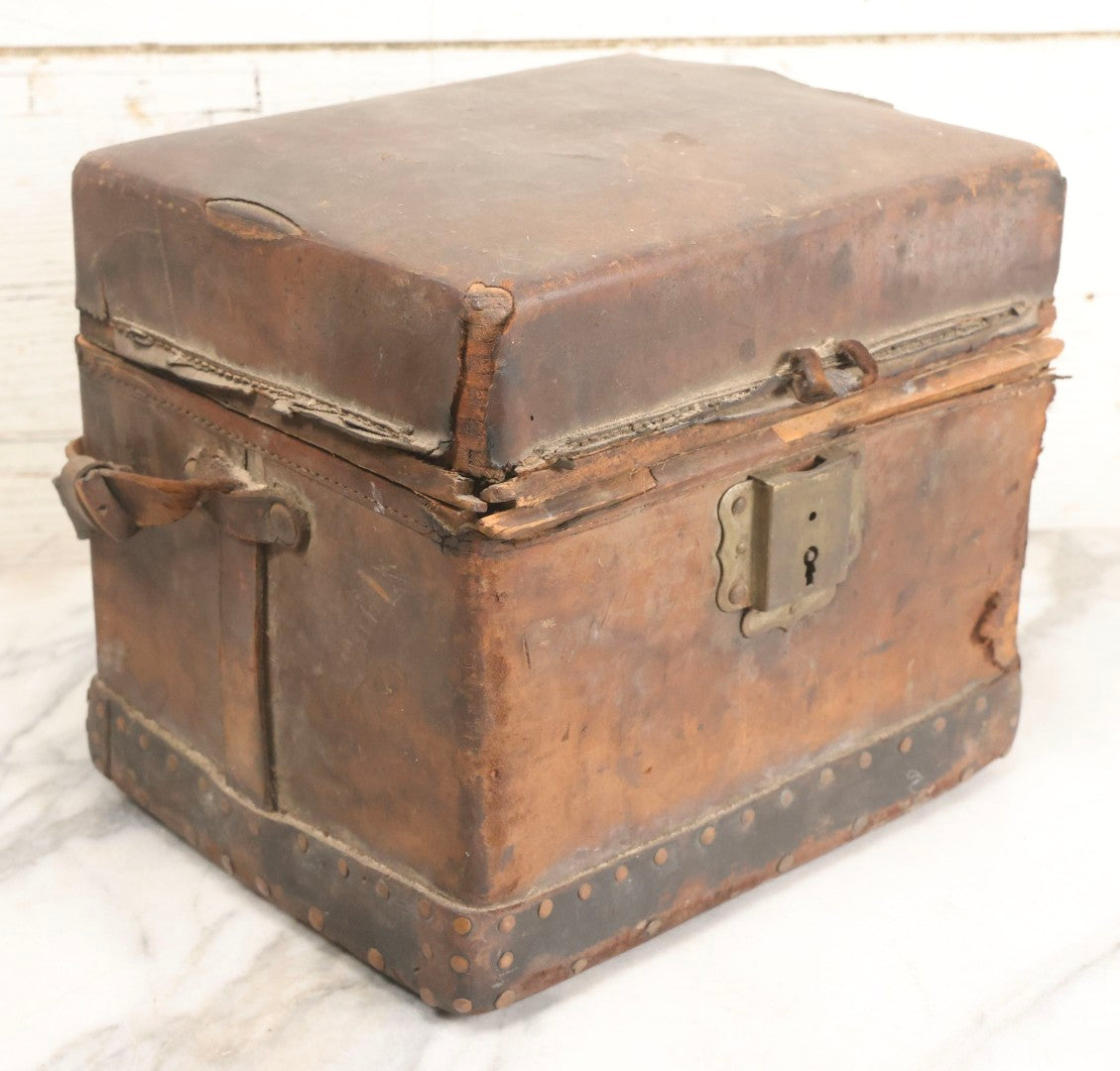 Lot 017 - Antique 19th Century Traveling Apothecary Kit In Leather-Wrapped Wood Box Stamped “Hoff's Patent, March 27, 1883,” With 20+ Glass Medicine Bottles And Internal Till