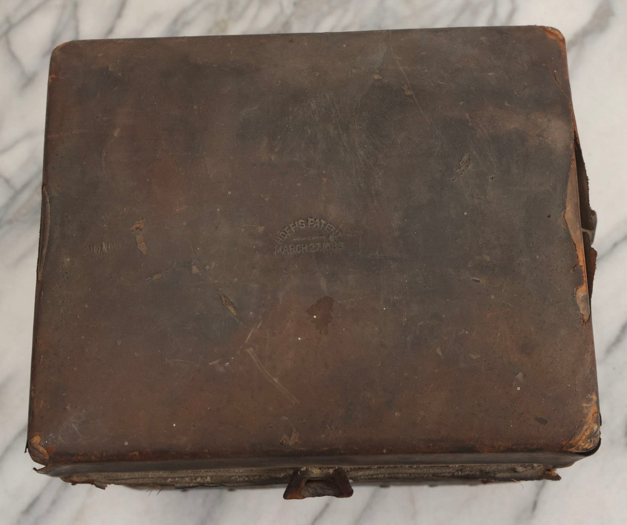 Lot 017 - Antique 19th Century Traveling Apothecary Kit In Leather-Wrapped Wood Box Stamped “Hoff's Patent, March 27, 1883,” With 20+ Glass Medicine Bottles And Internal Till