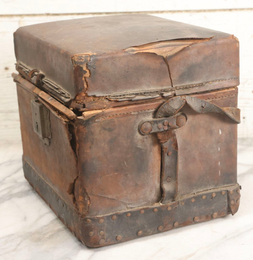 Lot 017 - Antique 19th Century Traveling Apothecary Kit In Leather-Wrapped Wood Box Stamped “Hoff's Patent, March 27, 1883,” With 20+ Glass Medicine Bottles And Internal Till
