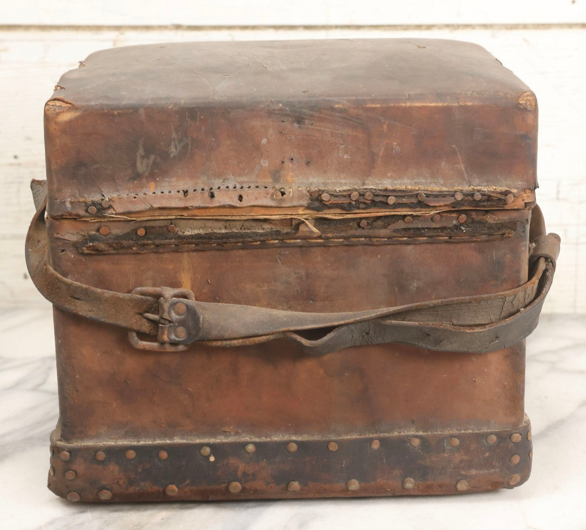 Lot 017 - Antique 19th Century Traveling Apothecary Kit In Leather-Wrapped Wood Box Stamped “Hoff's Patent, March 27, 1883,” With 20+ Glass Medicine Bottles And Internal Till