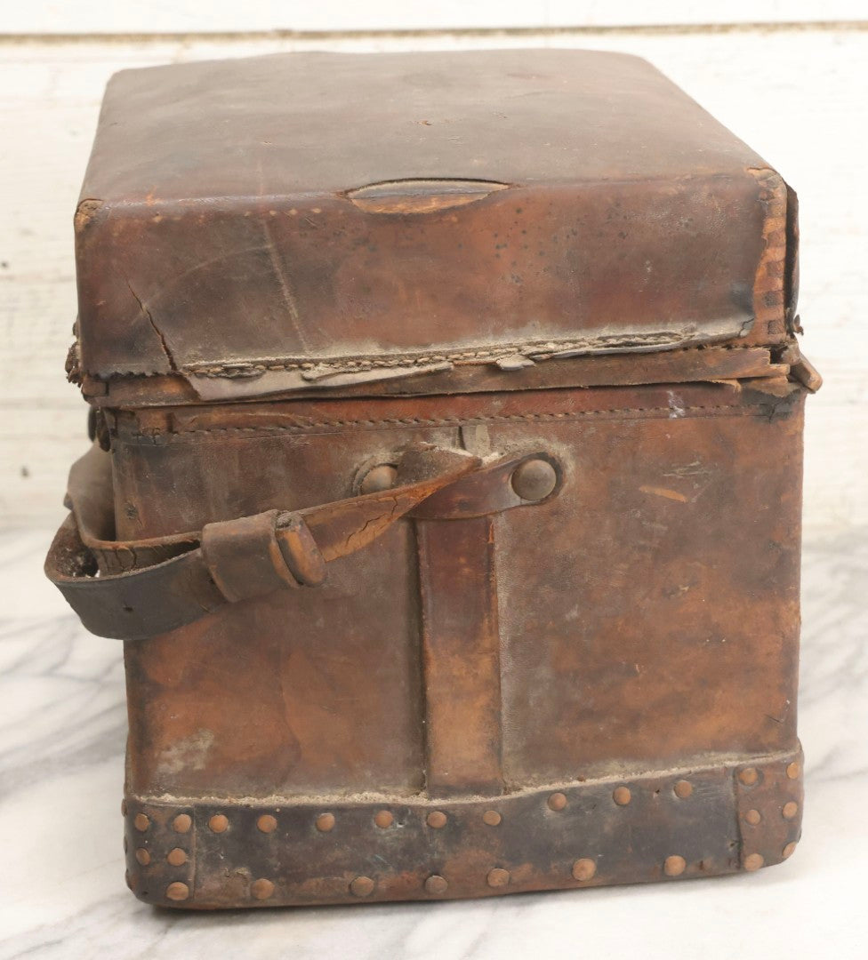 Lot 017 - Antique 19th Century Traveling Apothecary Kit In Leather-Wrapped Wood Box Stamped “Hoff's Patent, March 27, 1883,” With 20+ Glass Medicine Bottles And Internal Till
