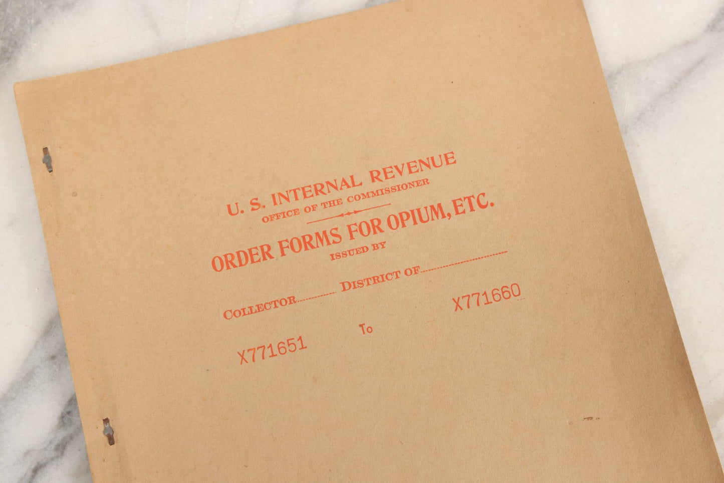 Lot 018 - Antique U.S. Internal Revenue “Order Forms For Opium, Etc.” Booklet, Unused Originals And Duplicates, Colchester, Connecticut, Early 20th Century