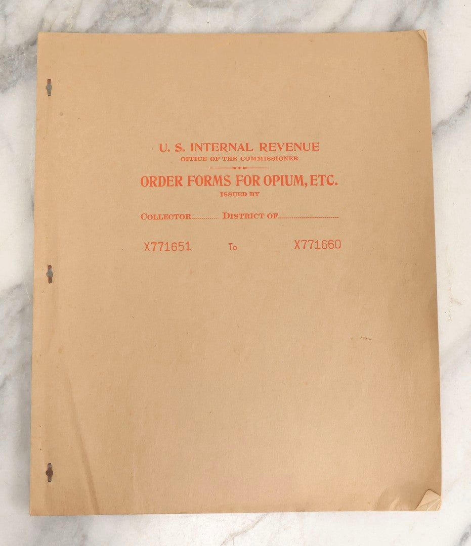Lot 018 - Antique U.S. Internal Revenue “Order Forms For Opium, Etc.” Booklet, Unused Originals And Duplicates, Colchester, Connecticut, Early 20th Century