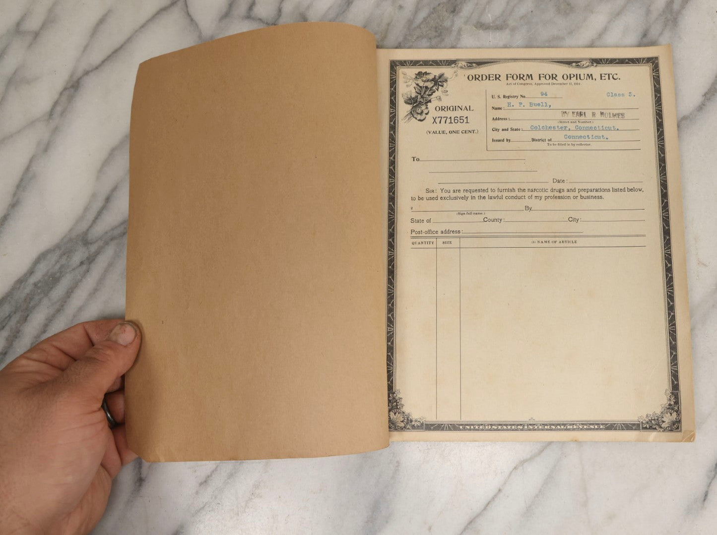 Lot 018 - Antique U.S. Internal Revenue “Order Forms For Opium, Etc.” Booklet, Unused Originals And Duplicates, Colchester, Connecticut, Early 20th Century