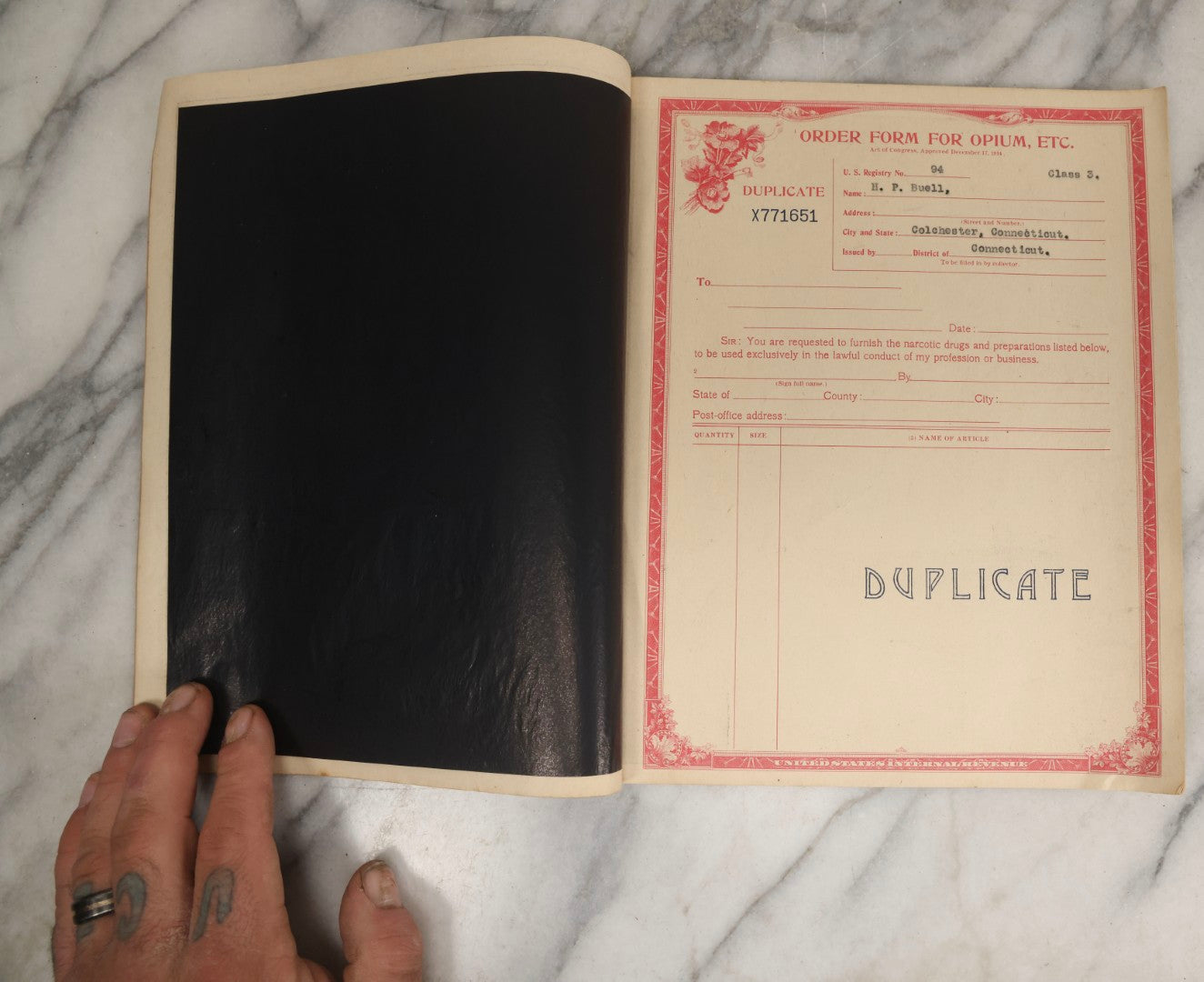 Lot 018 - Antique U.S. Internal Revenue “Order Forms For Opium, Etc.” Booklet, Unused Originals And Duplicates, Colchester, Connecticut, Early 20th Century