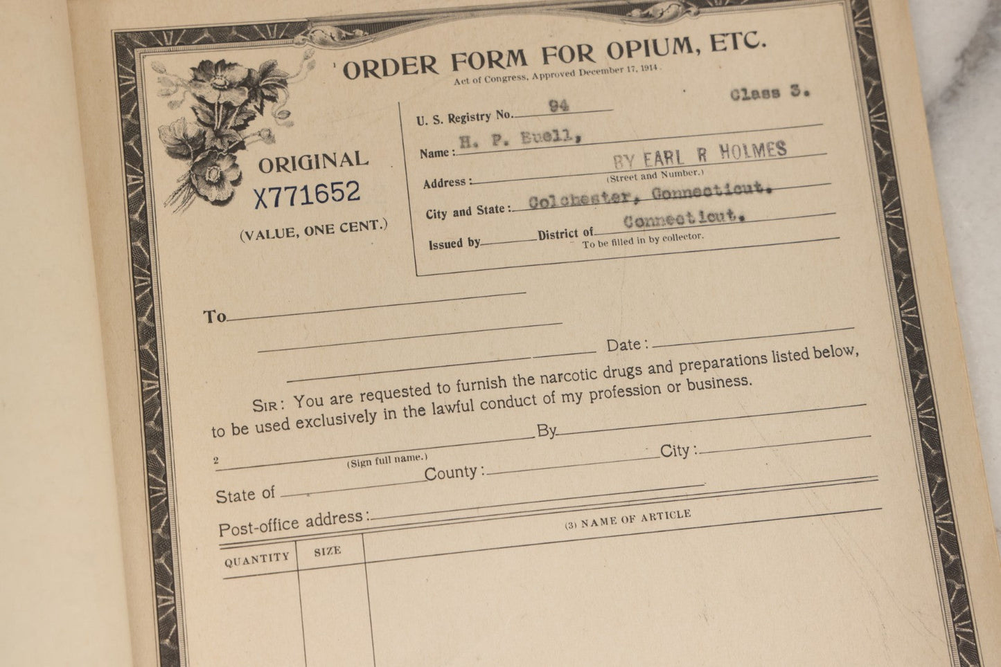 Lot 018 - Antique U.S. Internal Revenue “Order Forms For Opium, Etc.” Booklet, Unused Originals And Duplicates, Colchester, Connecticut, Early 20th Century