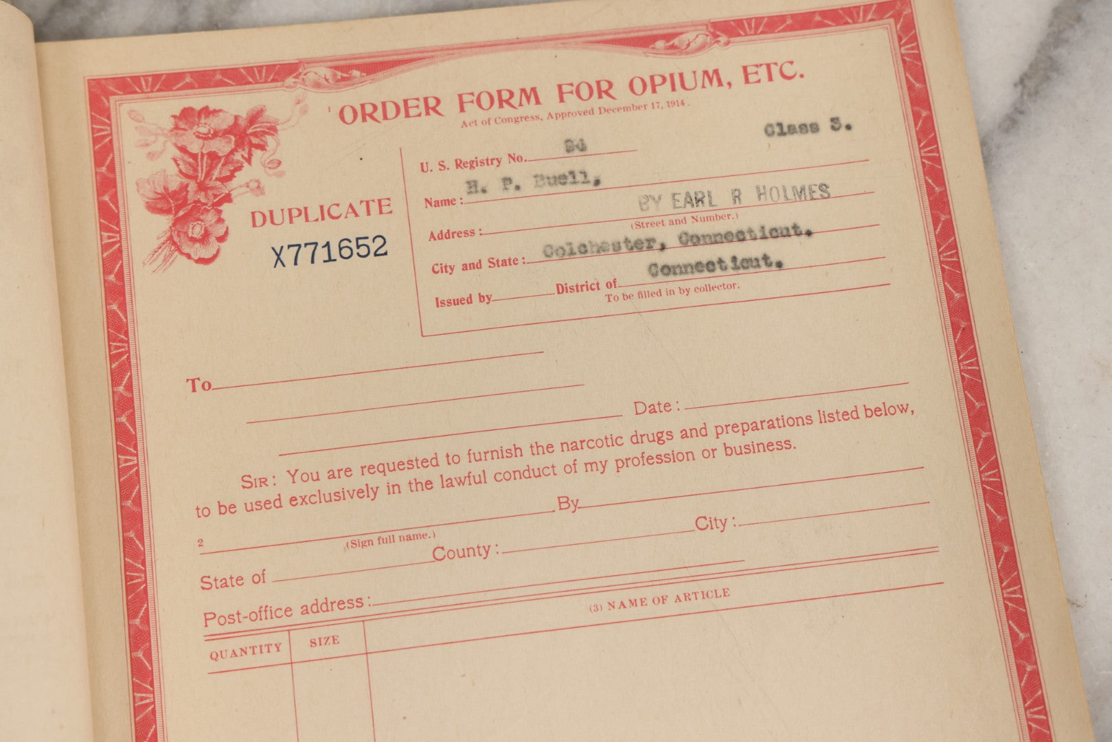 Lot 018 - Antique U.S. Internal Revenue “Order Forms For Opium, Etc.” Booklet, Unused Originals And Duplicates, Colchester, Connecticut, Early 20th Century