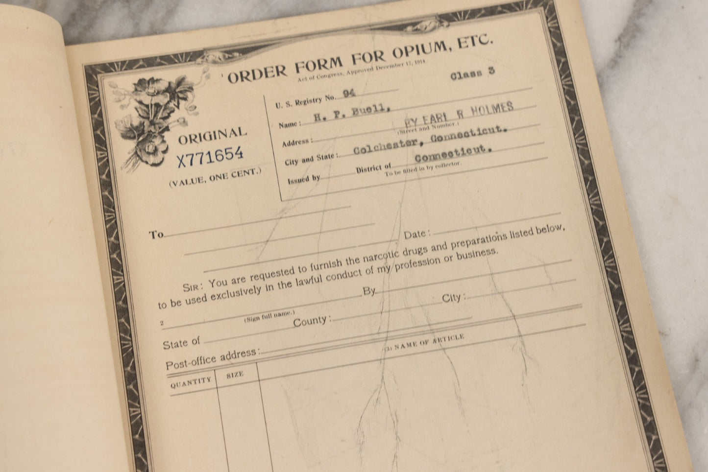 Lot 018 - Antique U.S. Internal Revenue “Order Forms For Opium, Etc.” Booklet, Unused Originals And Duplicates, Colchester, Connecticut, Early 20th Century