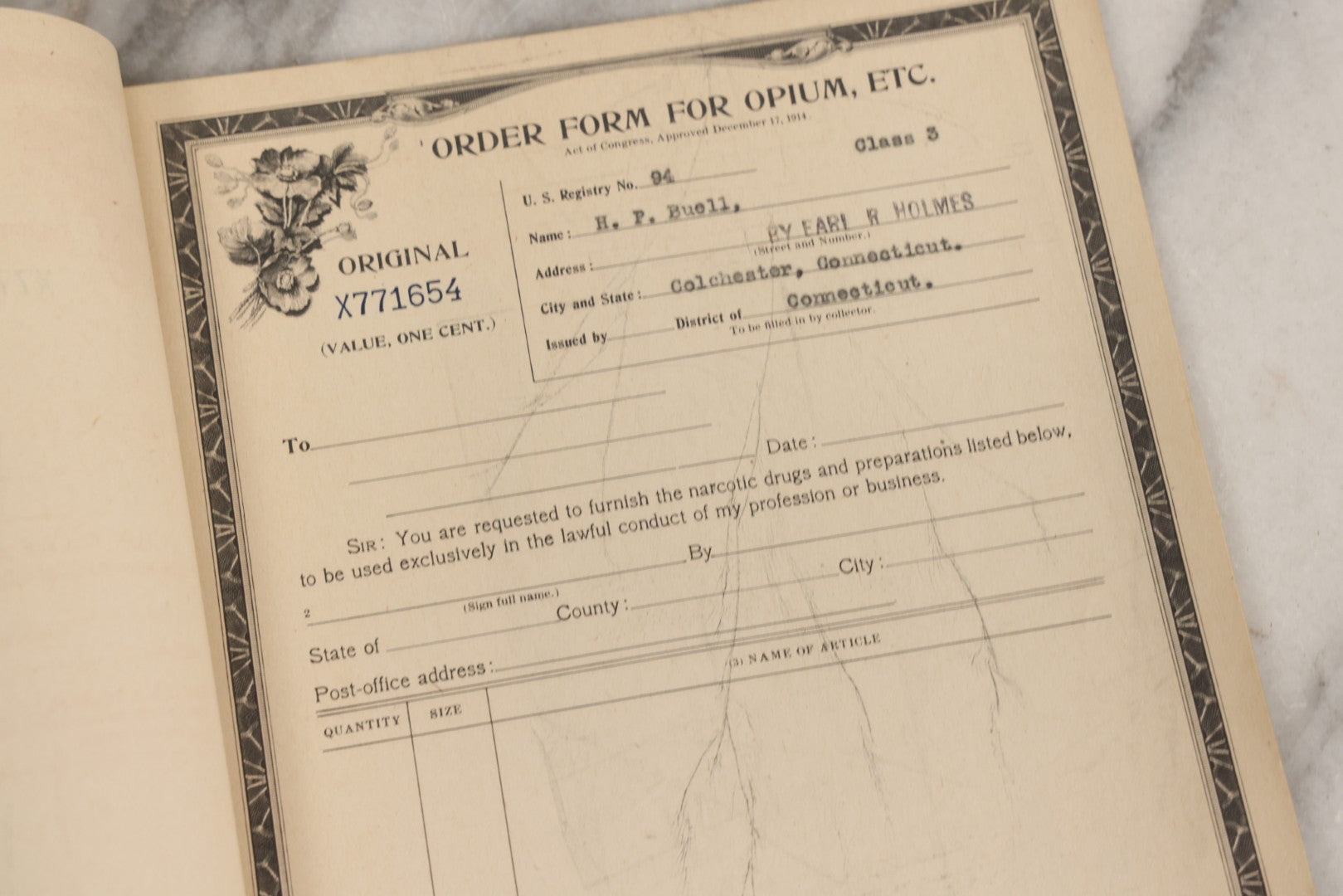 Lot 018 - Antique U.S. Internal Revenue “Order Forms For Opium, Etc.” Booklet, Unused Originals And Duplicates, Colchester, Connecticut, Early 20th Century
