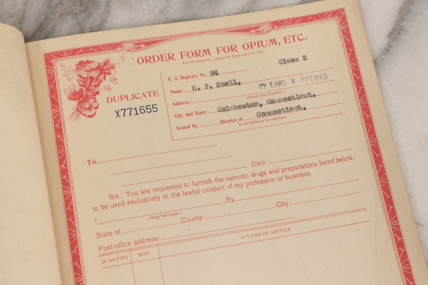 Lot 018 - Antique U.S. Internal Revenue “Order Forms For Opium, Etc.” Booklet, Unused Originals And Duplicates, Colchester, Connecticut, Early 20th Century