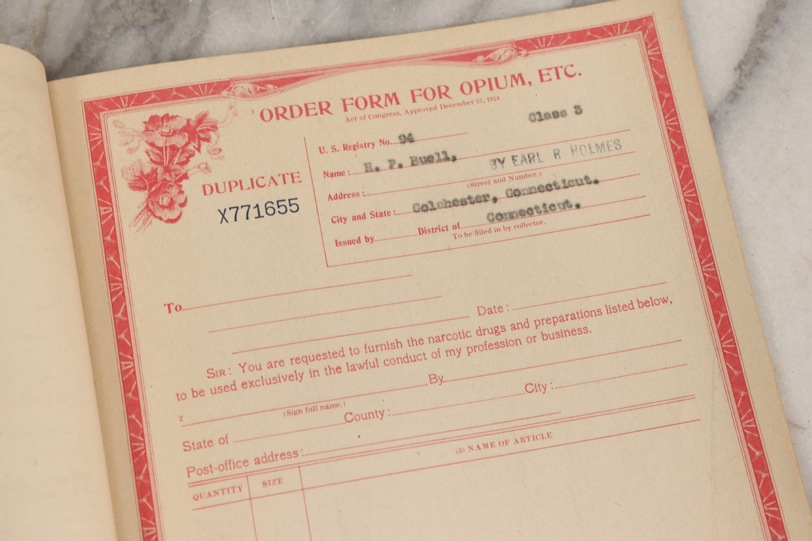 Lot 018 - Antique U.S. Internal Revenue “Order Forms For Opium, Etc.” Booklet, Unused Originals And Duplicates, Colchester, Connecticut, Early 20th Century
