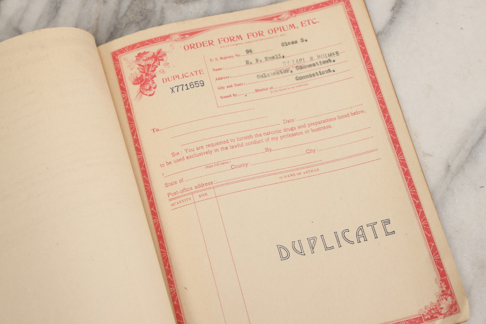 Lot 018 - Antique U.S. Internal Revenue “Order Forms For Opium, Etc.” Booklet, Unused Originals And Duplicates, Colchester, Connecticut, Early 20th Century