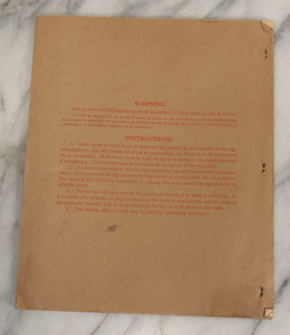 Lot 018 - Antique U.S. Internal Revenue “Order Forms For Opium, Etc.” Booklet, Unused Originals And Duplicates, Colchester, Connecticut, Early 20th Century