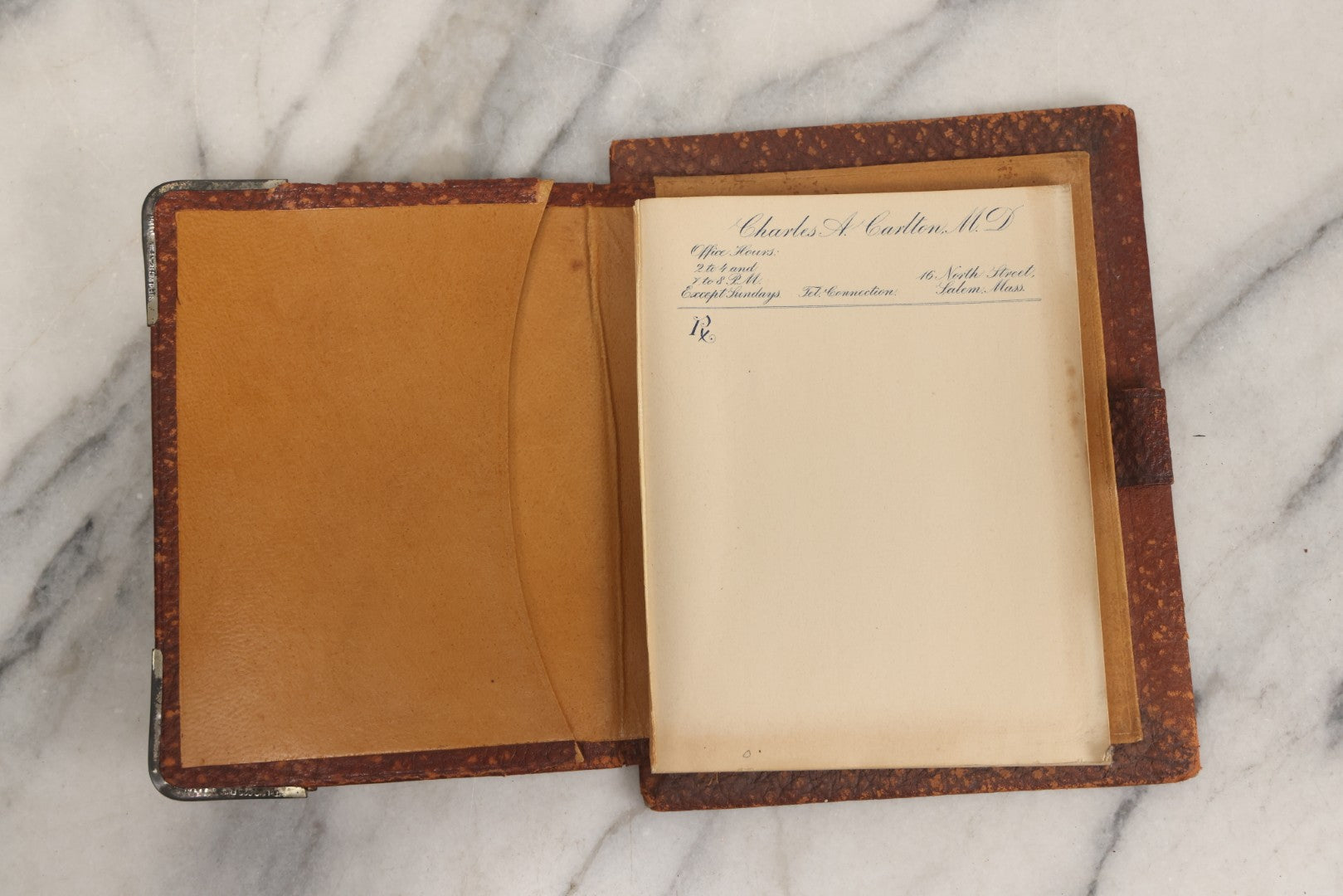 Lot 019 - Antique Leather-Covered Prescription Pad Belonging To Charles A. Carlton, M.D., Salem, Massachusetts, With Decorative Sterling Silver Corners And Unused Prescription Paper
