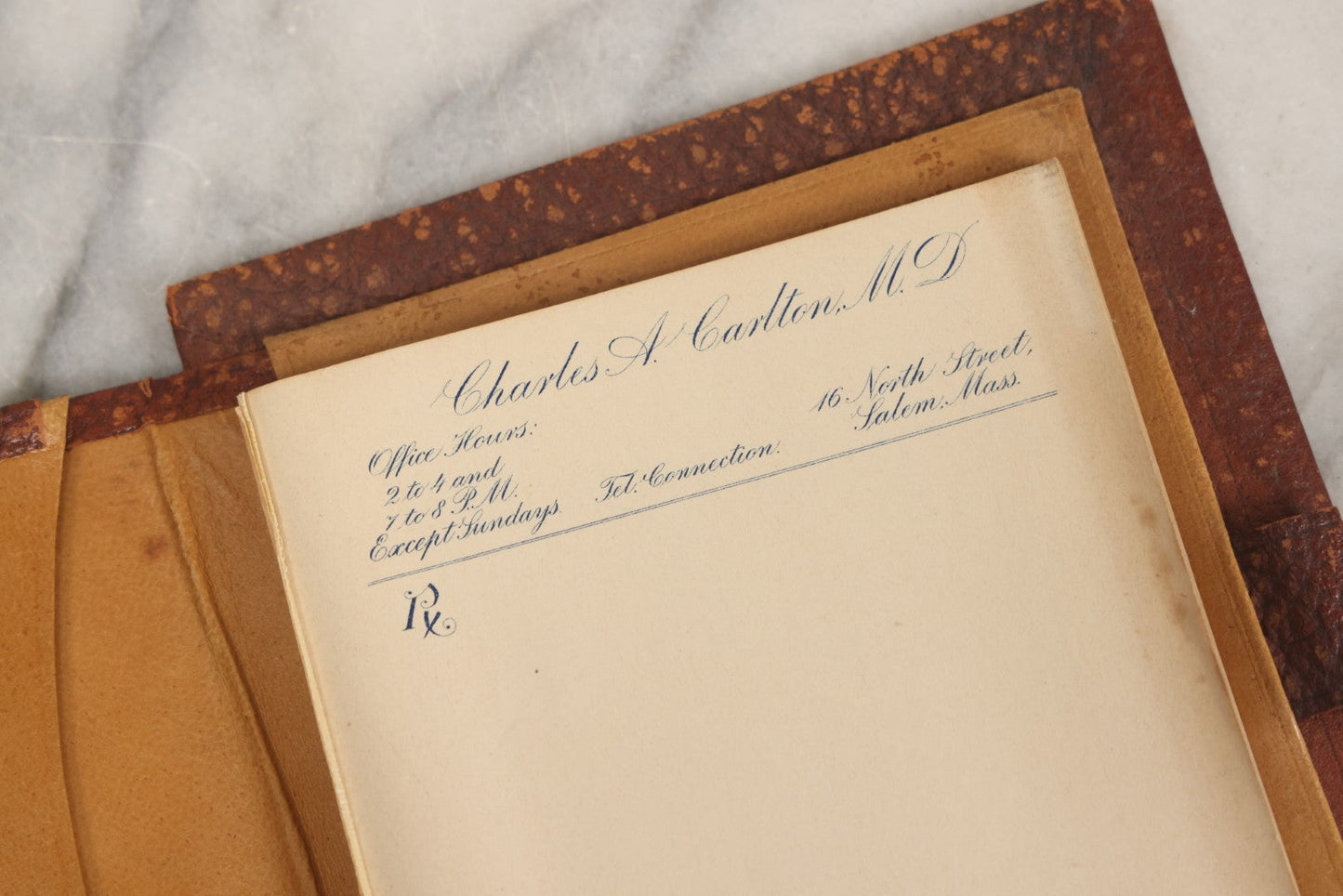 Lot 019 - Antique Leather-Covered Prescription Pad Belonging To Charles A. Carlton, M.D., Salem, Massachusetts, With Decorative Sterling Silver Corners And Unused Prescription Paper
