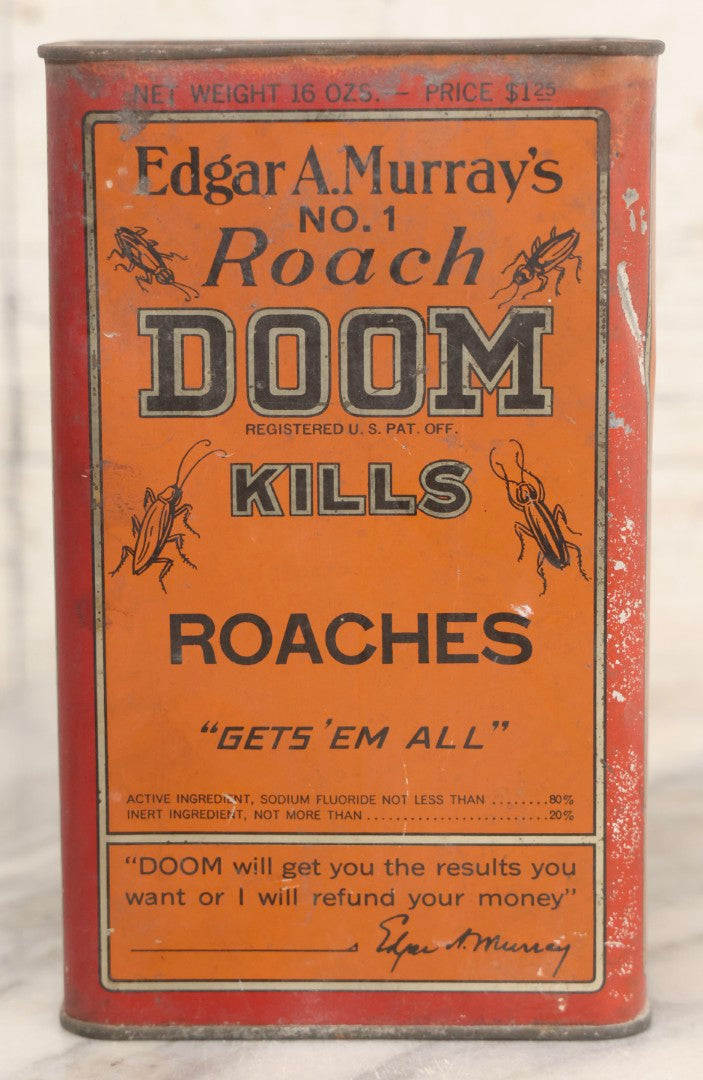Lot 020 - Antique Edgar A. Murray's No. 1 Roach Doom Kills Roaches Tin, 16oz Insecticide Powder Container With Original Graphics, Established 1895, Made In USA, 6-1/8" H