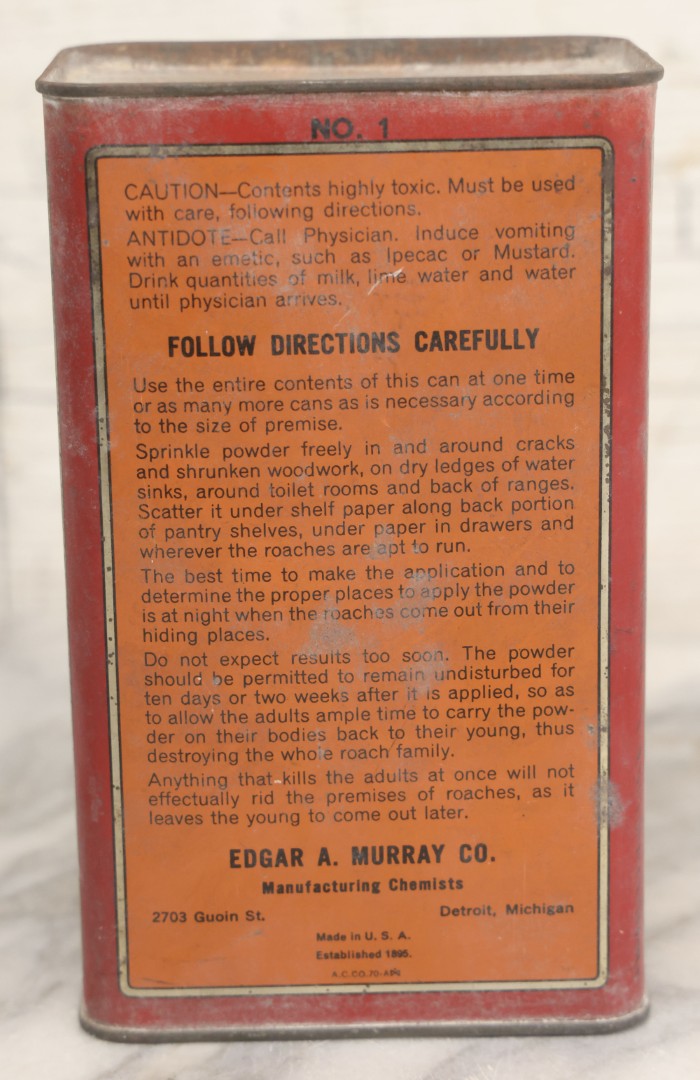 Lot 020 - Antique Edgar A. Murray's No. 1 Roach Doom Kills Roaches Tin, 16oz Insecticide Powder Container With Original Graphics, Established 1895, Made In USA, 6-1/8" H