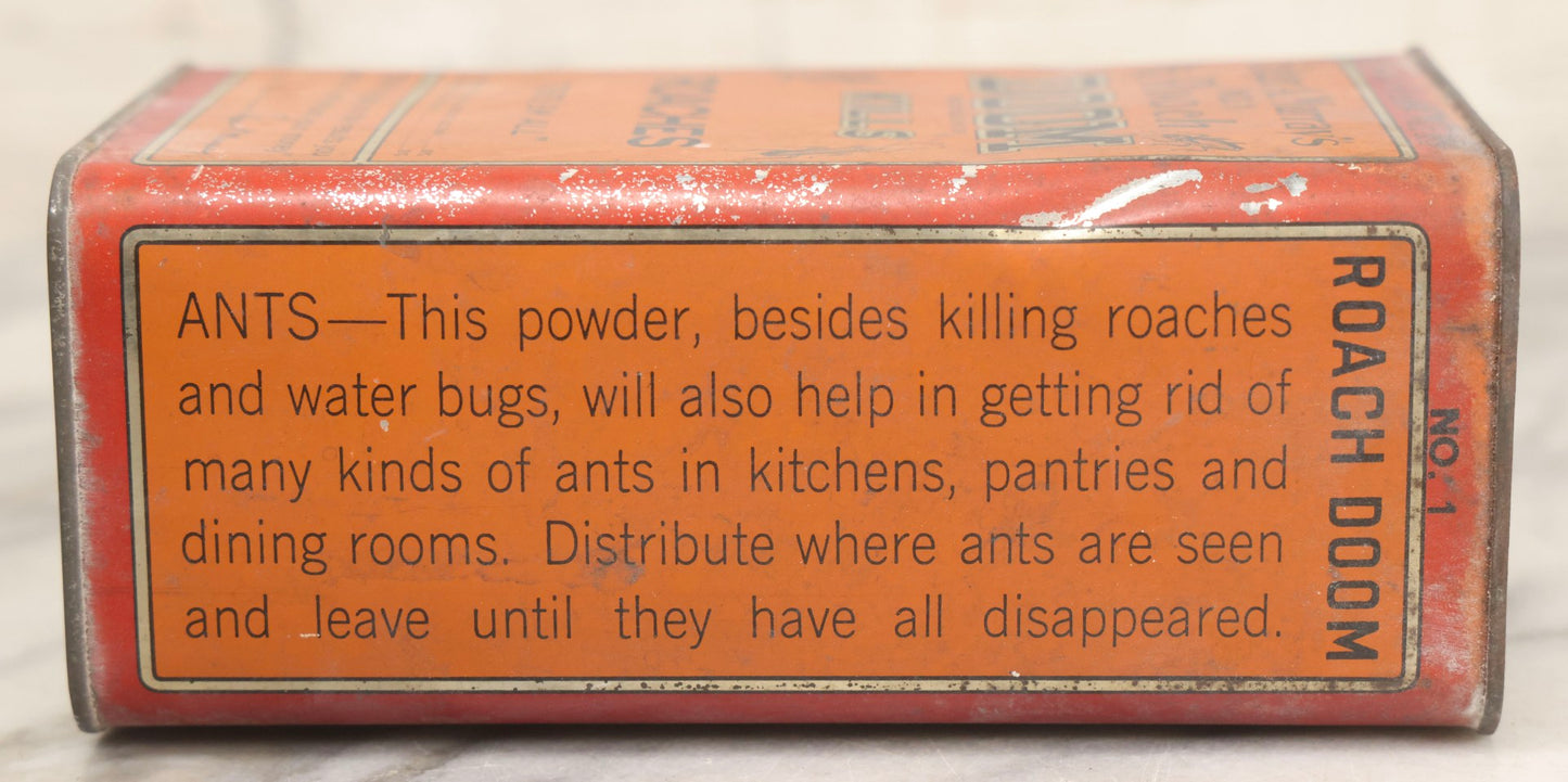 Lot 020 - Antique Edgar A. Murray's No. 1 Roach Doom Kills Roaches Tin, 16oz Insecticide Powder Container With Original Graphics, Established 1895, Made In USA, 6-1/8" H