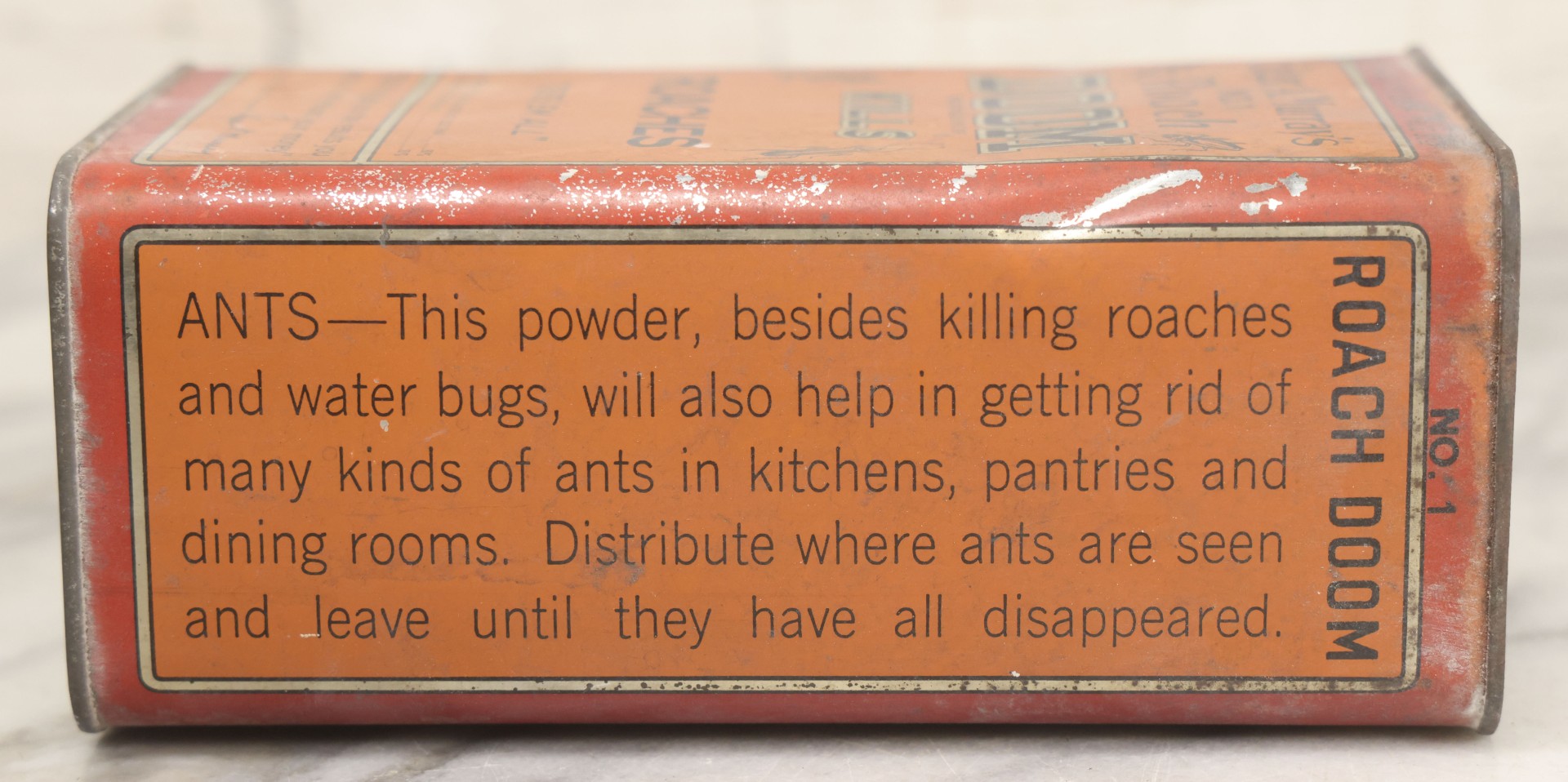 Lot 020 - Antique Edgar A. Murray's No. 1 Roach Doom Kills Roaches Tin, 16oz Insecticide Powder Container With Original Graphics, Established 1895, Made In USA, 6-1/8" H