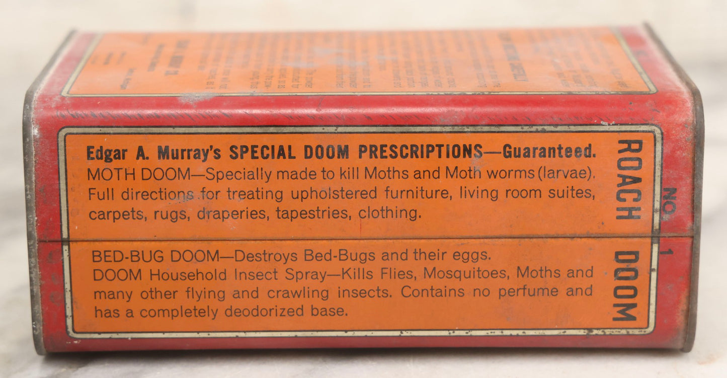 Lot 020 - Antique Edgar A. Murray's No. 1 Roach Doom Kills Roaches Tin, 16oz Insecticide Powder Container With Original Graphics, Established 1895, Made In USA, 6-1/8" H