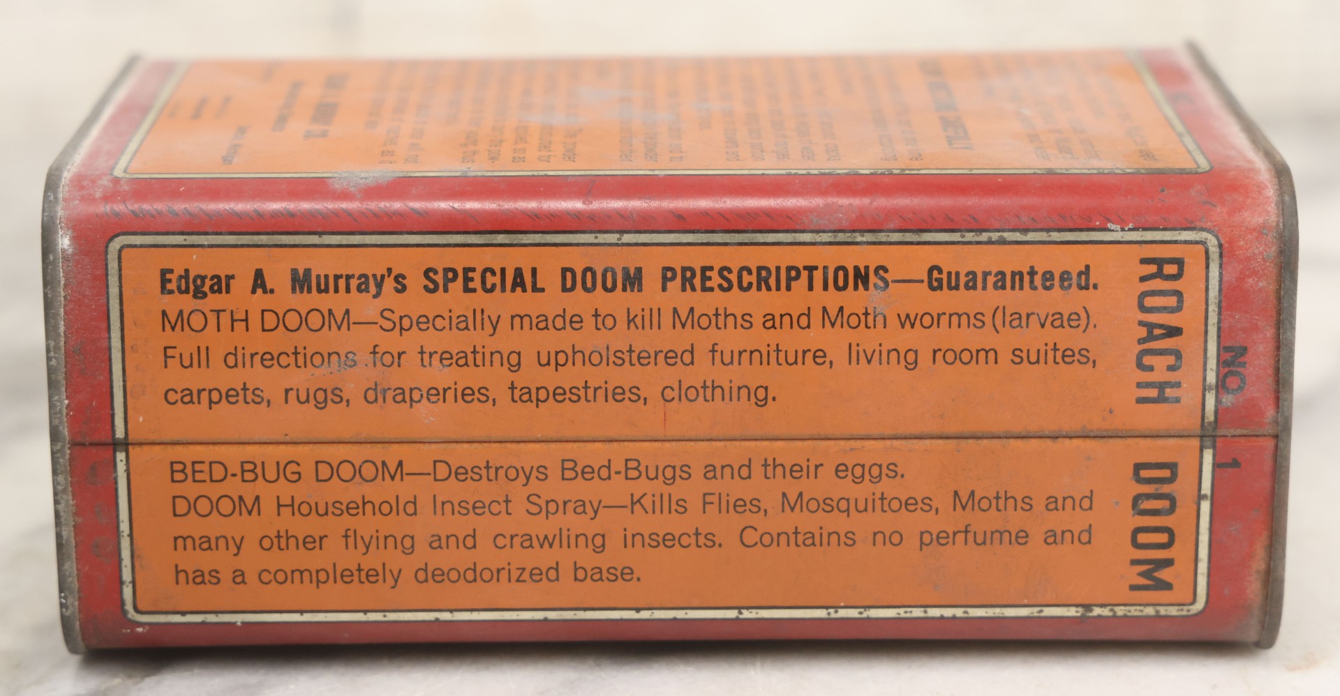 Lot 020 - Antique Edgar A. Murray's No. 1 Roach Doom Kills Roaches Tin, 16oz Insecticide Powder Container With Original Graphics, Established 1895, Made In USA, 6-1/8" H