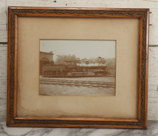 Lot 023 - Antique Photograph Of Steam Locomotive #353 With Four Crew Members On Turntable At Railroad Depot, In Carved Wood Frame, 14-7/8" x 12-5/8"