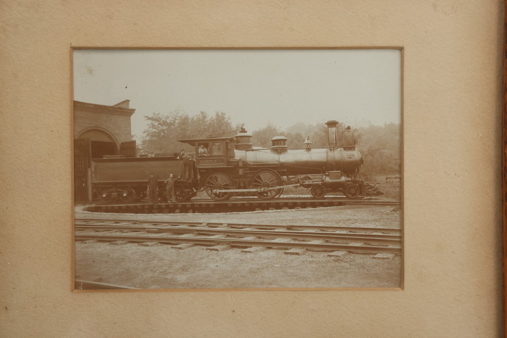 Lot 023 - Antique Photograph Of Steam Locomotive #353 With Four Crew Members On Turntable At Railroad Depot, In Carved Wood Frame, 14-7/8" x 12-5/8"