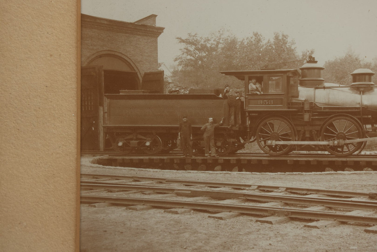 Lot 023 - Antique Photograph Of Steam Locomotive #353 With Four Crew Members On Turntable At Railroad Depot, In Carved Wood Frame, 14-7/8" x 12-5/8"