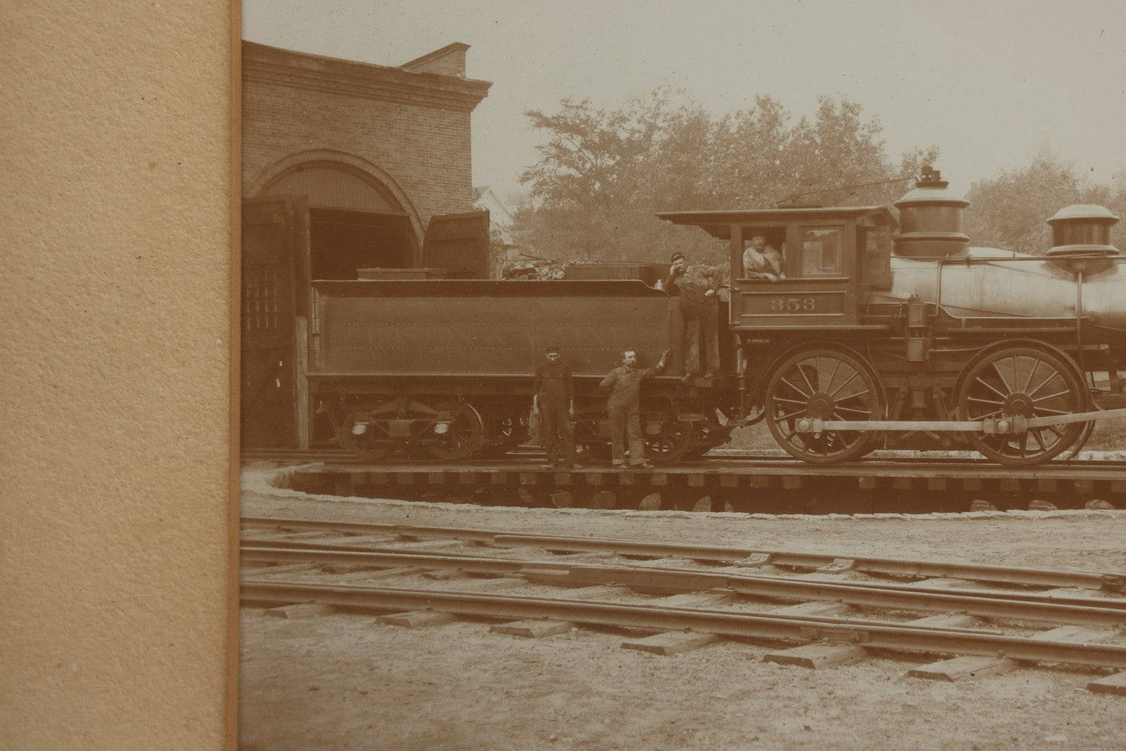 Lot 023 - Antique Photograph Of Steam Locomotive #353 With Four Crew Members On Turntable At Railroad Depot, In Carved Wood Frame, 14-7/8" x 12-5/8"