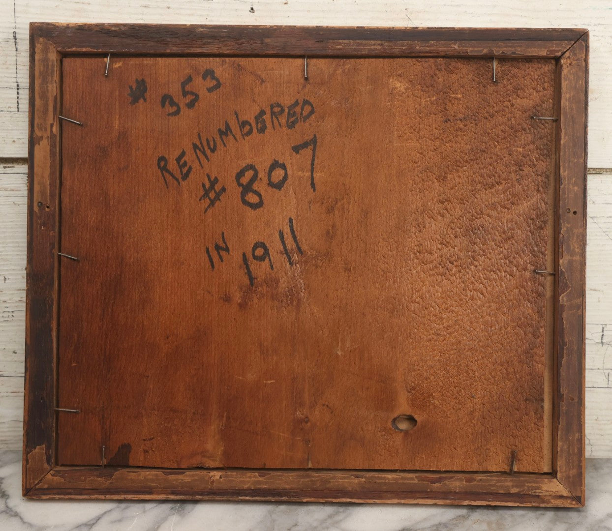 Lot 023 - Antique Photograph Of Steam Locomotive #353 With Four Crew Members On Turntable At Railroad Depot, In Carved Wood Frame, 14-7/8" x 12-5/8"