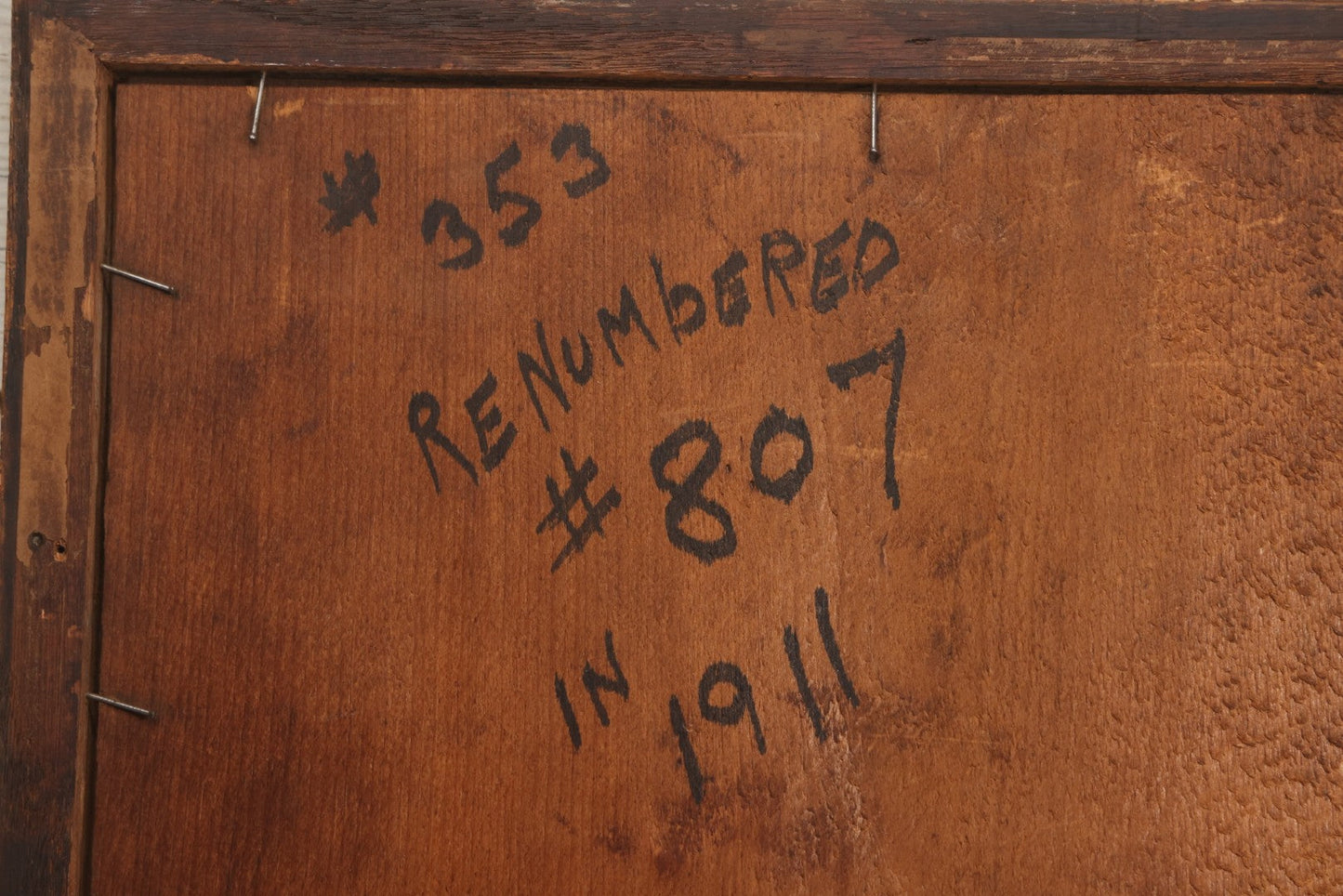 Lot 023 - Antique Photograph Of Steam Locomotive #353 With Four Crew Members On Turntable At Railroad Depot, In Carved Wood Frame, 14-7/8" x 12-5/8"