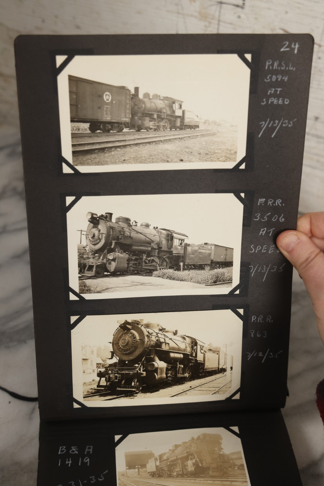 Lot 024 - Extensive Vintage 1934–1936 Snapshot Photograph Album Documenting Locomotives And Trains In The Eastern United States, 200+ Images With Detailed Handwritten Annotations