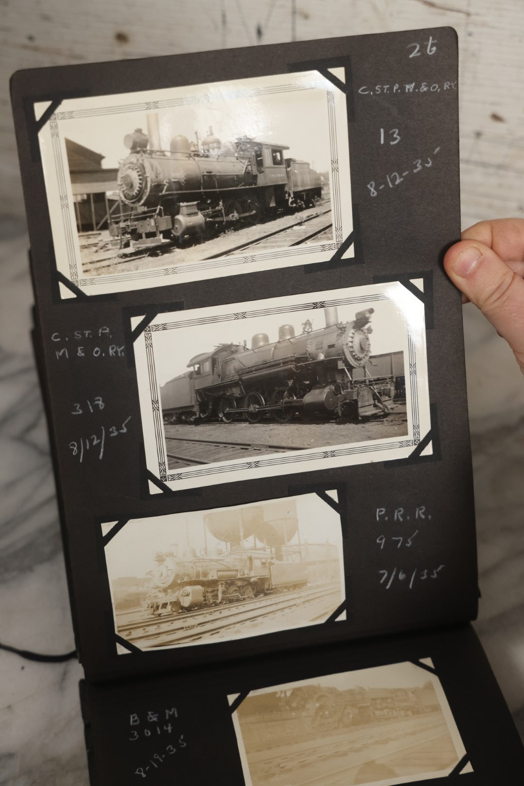 Lot 024 - Extensive Vintage 1934–1936 Snapshot Photograph Album Documenting Locomotives And Trains In The Eastern United States, 200+ Images With Detailed Handwritten Annotations