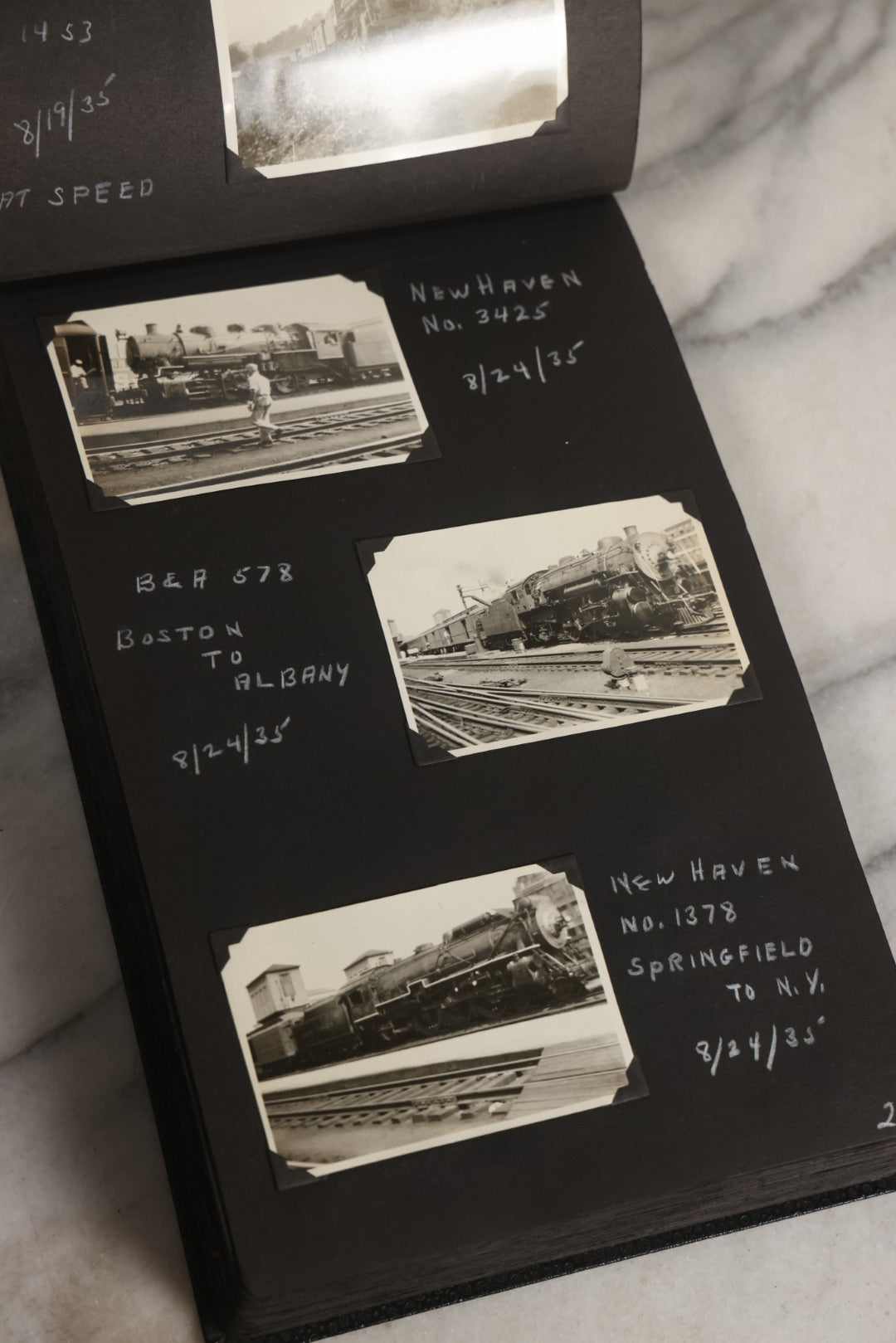 Lot 024 - Extensive Vintage 1934–1936 Snapshot Photograph Album Documenting Locomotives And Trains In The Eastern United States, 200+ Images With Detailed Handwritten Annotations