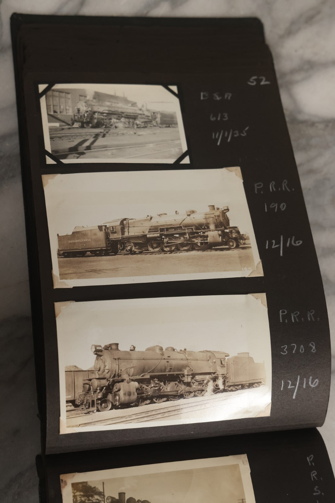 Lot 024 - Extensive Vintage 1934–1936 Snapshot Photograph Album Documenting Locomotives And Trains In The Eastern United States, 200+ Images With Detailed Handwritten Annotations