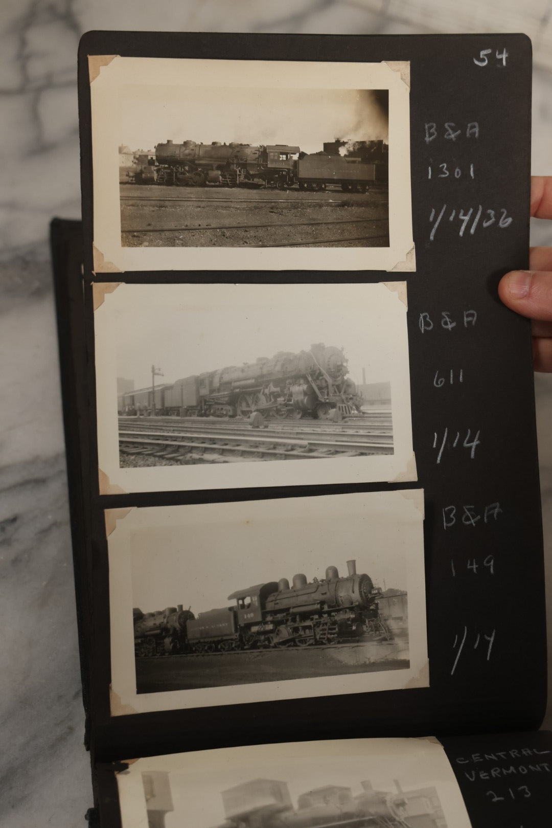 Lot 024 - Extensive Vintage 1934–1936 Snapshot Photograph Album Documenting Locomotives And Trains In The Eastern United States, 200+ Images With Detailed Handwritten Annotations