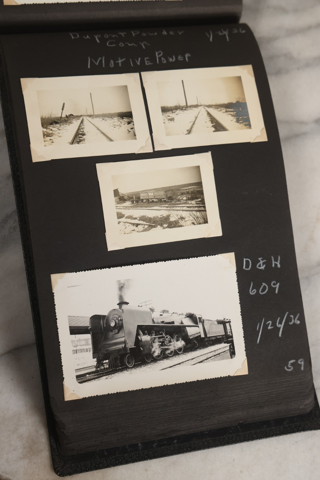Lot 024 - Extensive Vintage 1934–1936 Snapshot Photograph Album Documenting Locomotives And Trains In The Eastern United States, 200+ Images With Detailed Handwritten Annotations