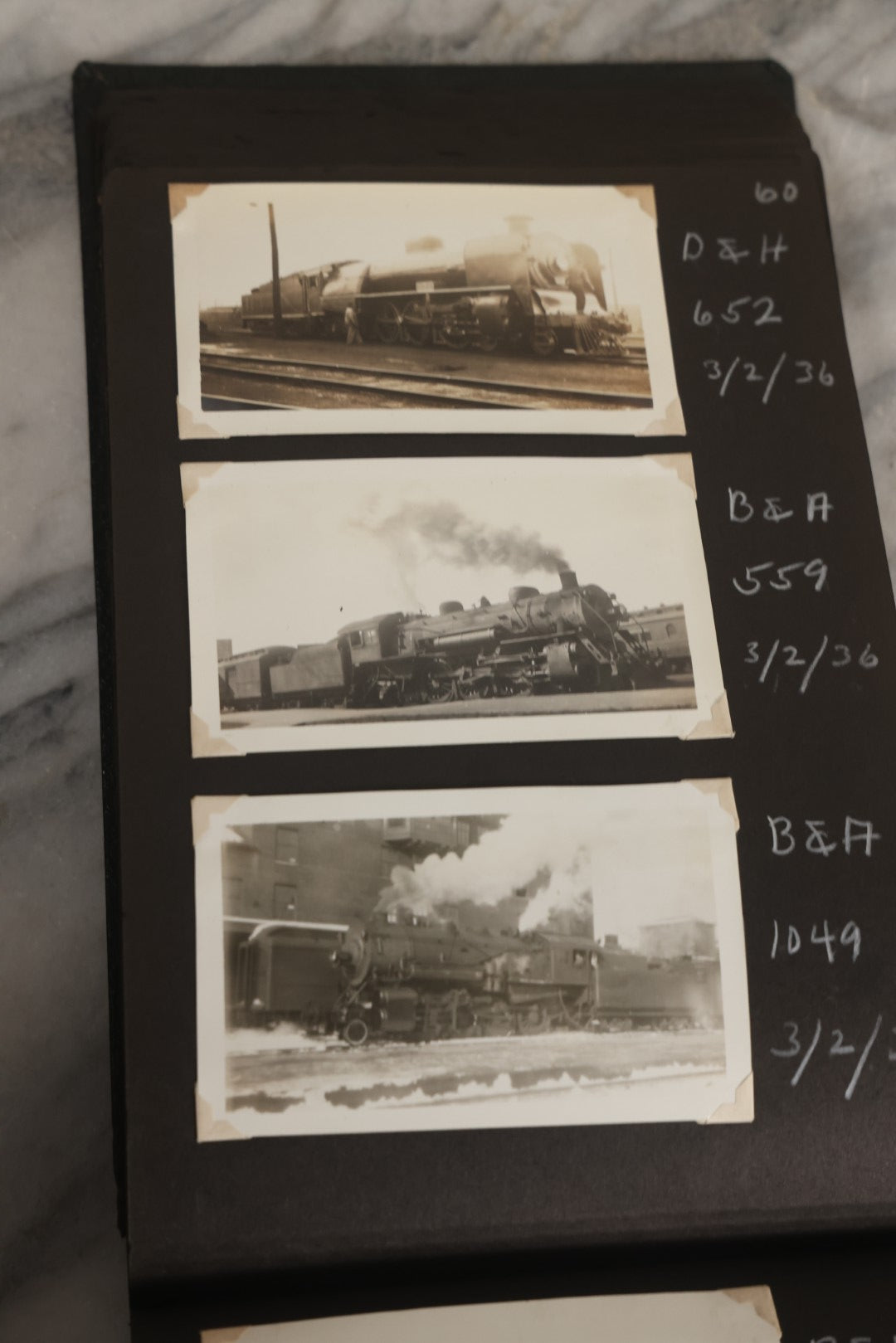 Lot 024 - Extensive Vintage 1934–1936 Snapshot Photograph Album Documenting Locomotives And Trains In The Eastern United States, 200+ Images With Detailed Handwritten Annotations