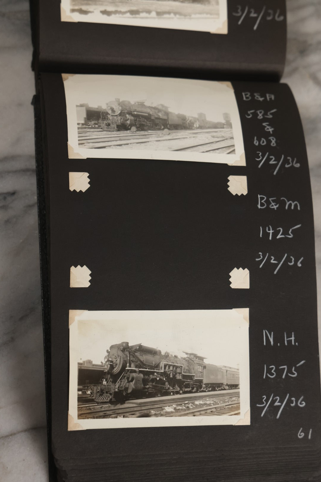 Lot 024 - Extensive Vintage 1934–1936 Snapshot Photograph Album Documenting Locomotives And Trains In The Eastern United States, 200+ Images With Detailed Handwritten Annotations