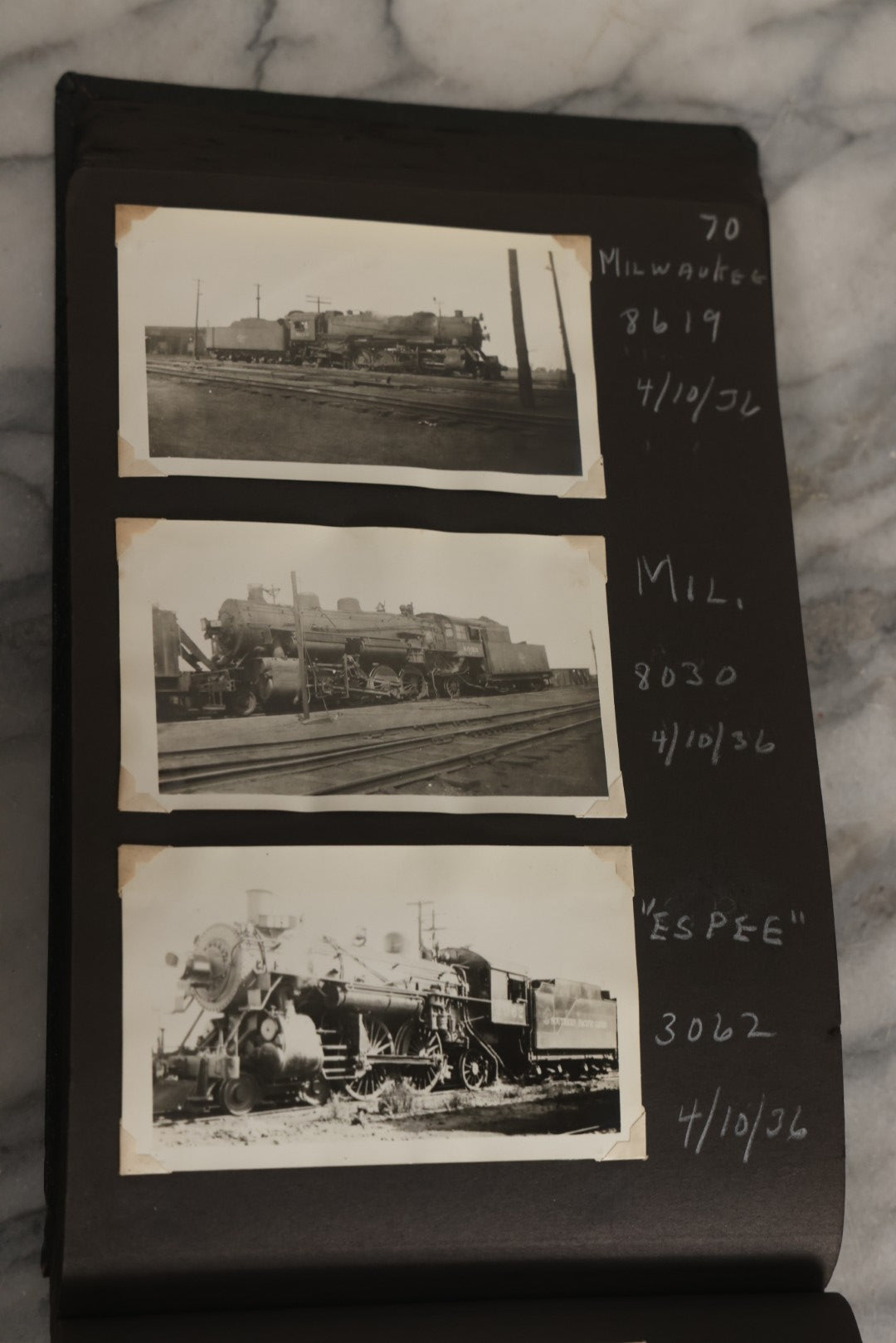 Lot 024 - Extensive Vintage 1934–1936 Snapshot Photograph Album Documenting Locomotives And Trains In The Eastern United States, 200+ Images With Detailed Handwritten Annotations