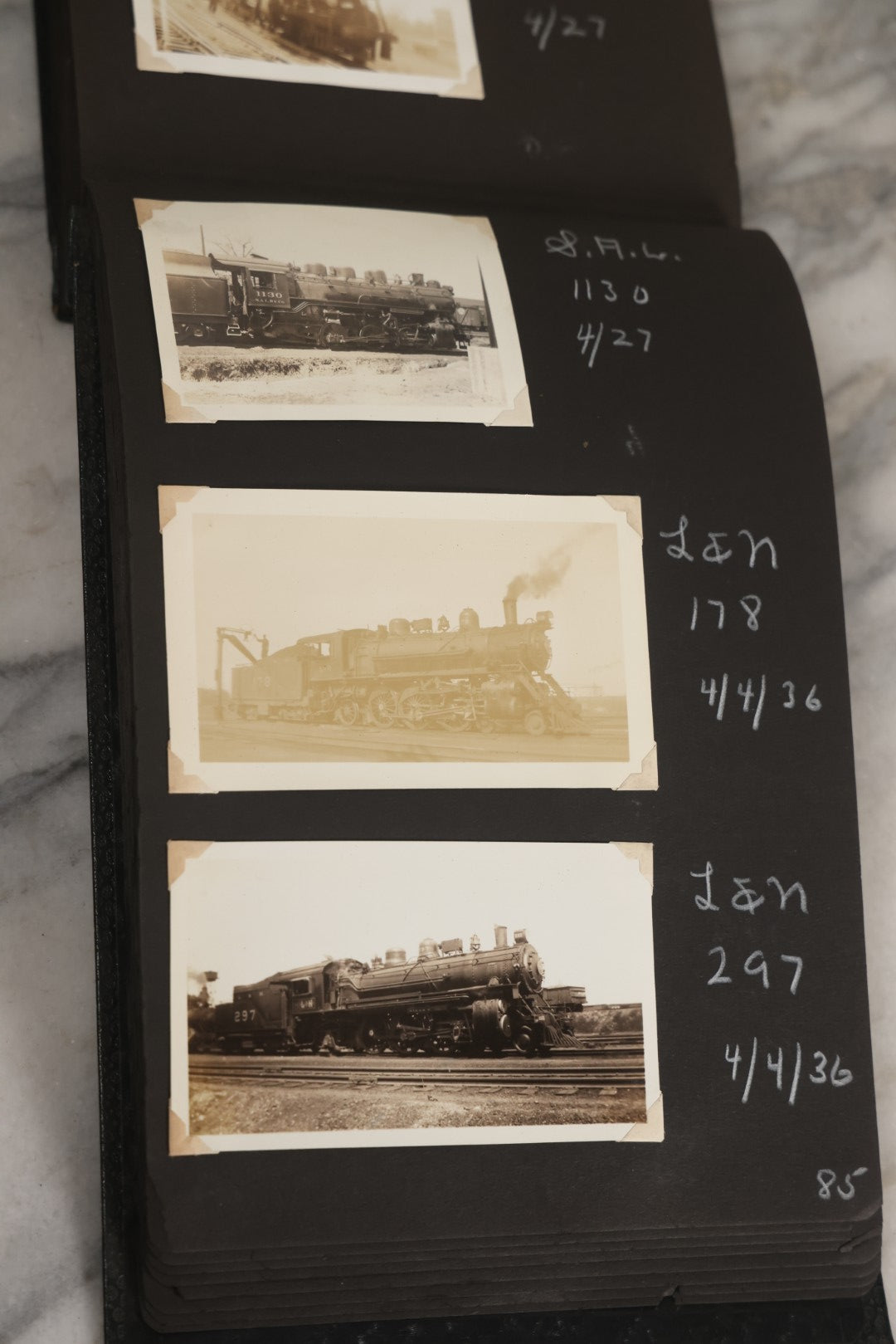 Lot 024 - Extensive Vintage 1934–1936 Snapshot Photograph Album Documenting Locomotives And Trains In The Eastern United States, 200+ Images With Detailed Handwritten Annotations