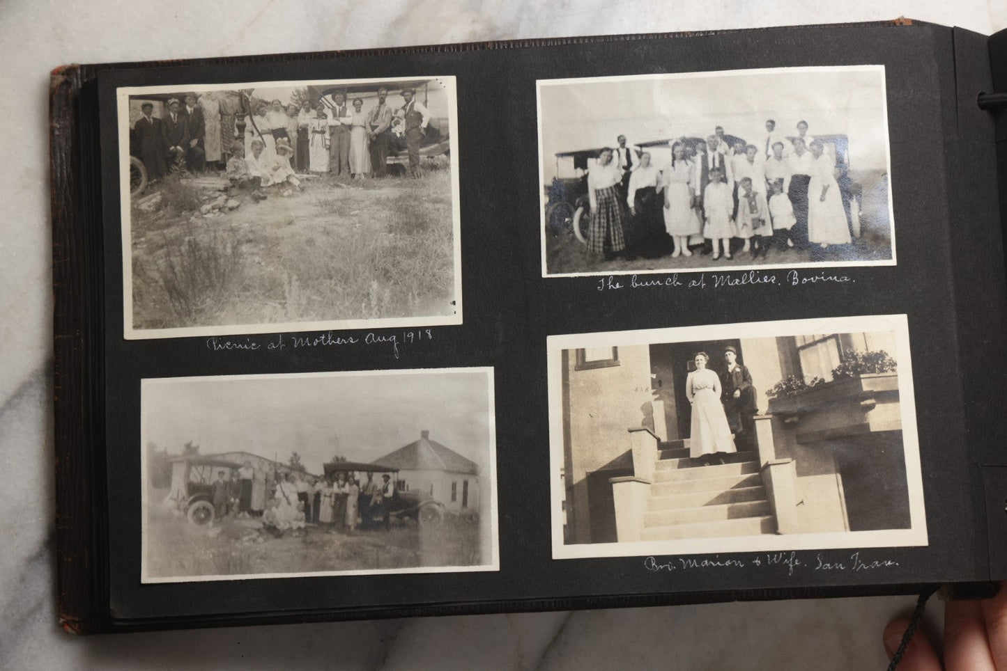 Lot 025 - Antique Snapshot Photo Album Gifted To Zella On Christmas 1916 With 1750+ Photos Of Midwest And Western Scenes Including Telluride & Greeley Colorado, Farm Life, Animals, Automobiles, Oil Wells, Early Aviation, And WWI Soldiers, 1916–1920