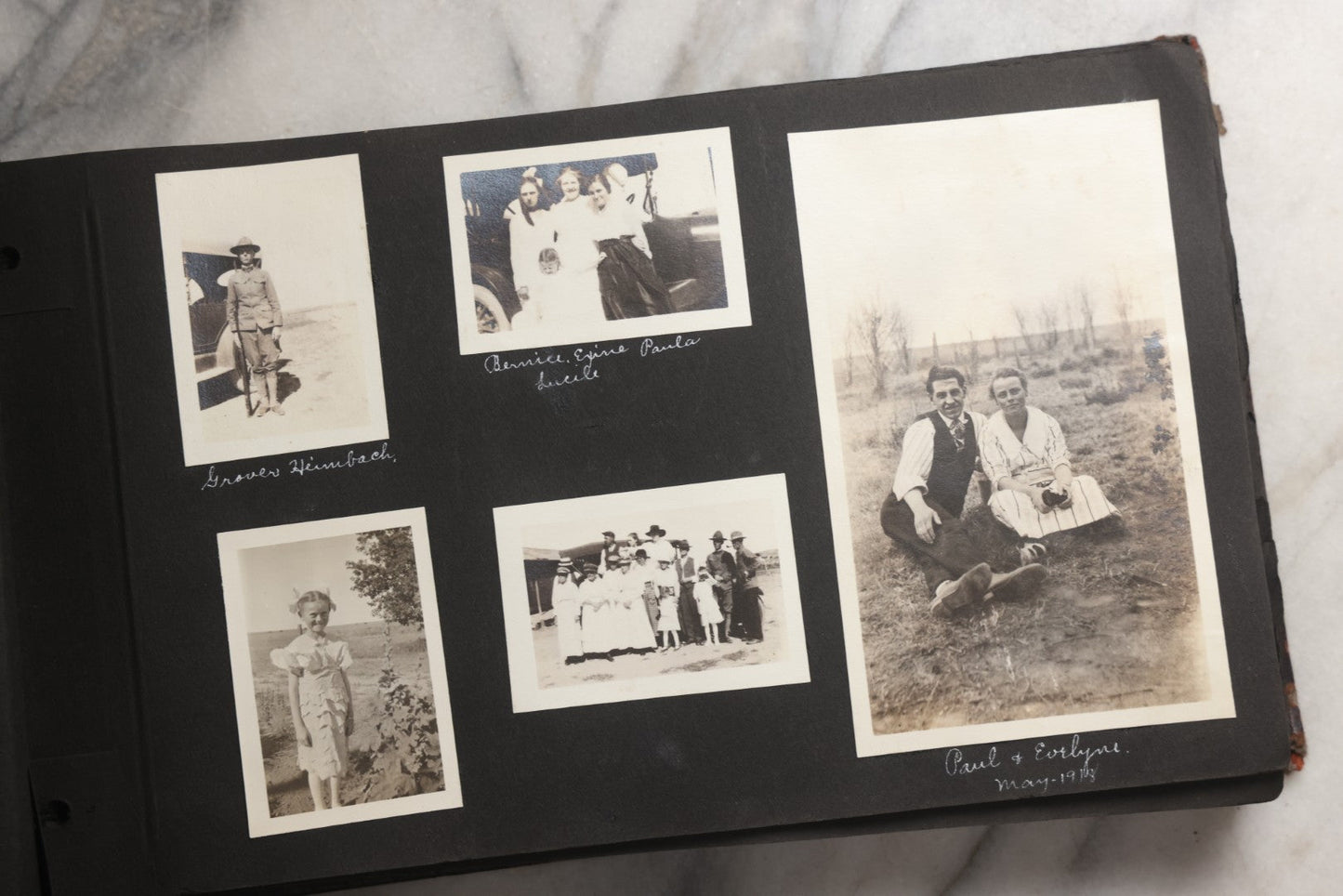 Lot 025 - Antique Snapshot Photo Album Gifted To Zella On Christmas 1916 With 1750+ Photos Of Midwest And Western Scenes Including Telluride & Greeley Colorado, Farm Life, Animals, Automobiles, Oil Wells, Early Aviation, And WWI Soldiers, 1916–1920
