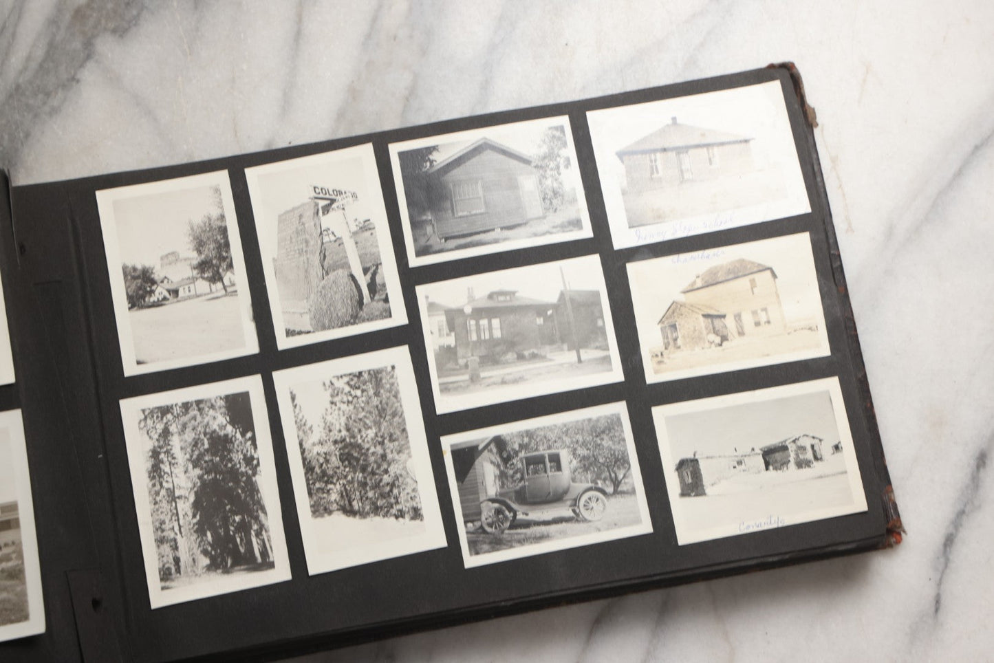 Lot 025 - Antique Snapshot Photo Album Gifted To Zella On Christmas 1916 With 1750+ Photos Of Midwest And Western Scenes Including Telluride & Greeley Colorado, Farm Life, Animals, Automobiles, Oil Wells, Early Aviation, And WWI Soldiers, 1916–1920
