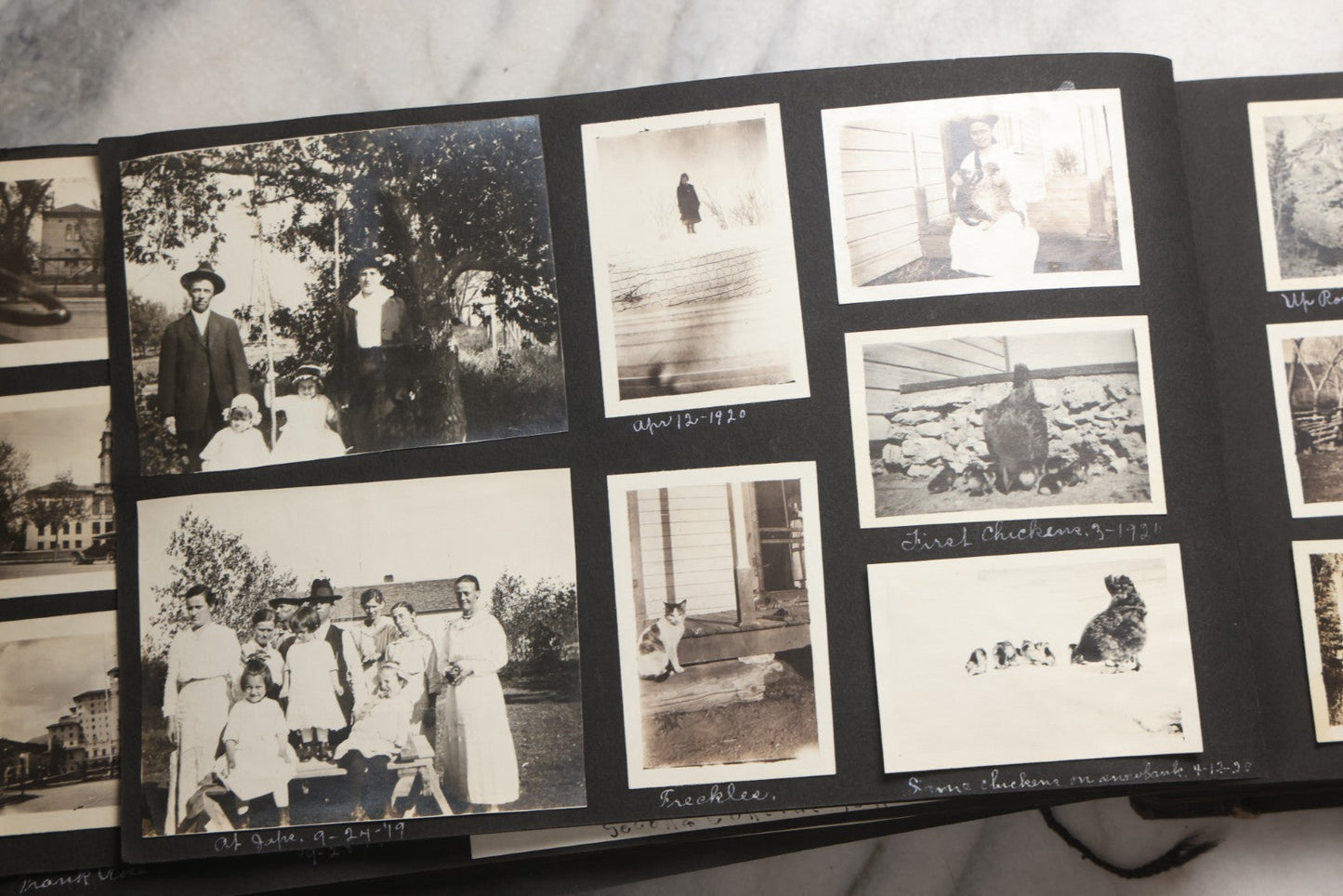 Lot 025 - Antique Snapshot Photo Album Gifted To Zella On Christmas 1916 With 1750+ Photos Of Midwest And Western Scenes Including Telluride & Greeley Colorado, Farm Life, Animals, Automobiles, Oil Wells, Early Aviation, And WWI Soldiers, 1916–1920