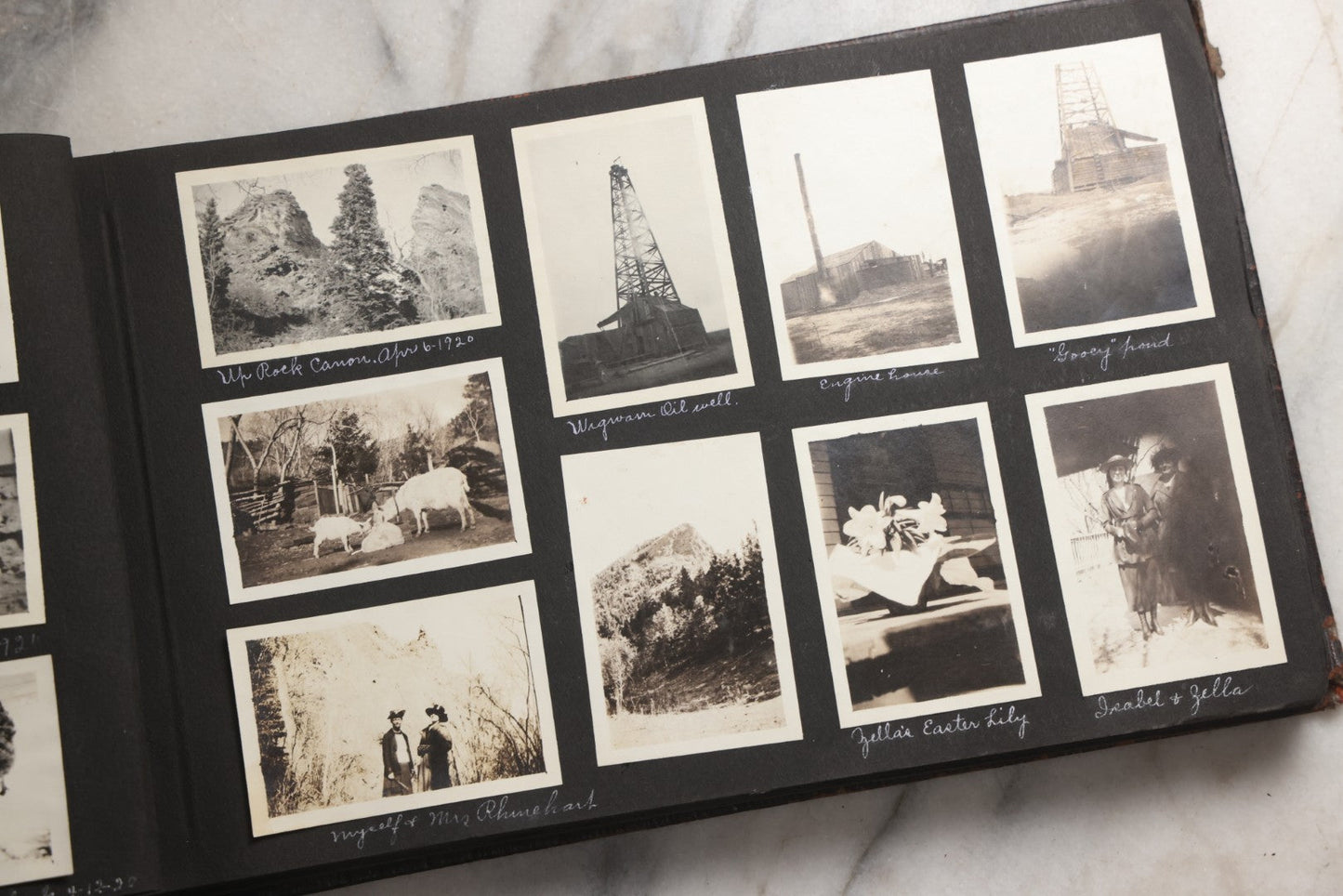Lot 025 - Antique Snapshot Photo Album Gifted To Zella On Christmas 1916 With 1750+ Photos Of Midwest And Western Scenes Including Telluride & Greeley Colorado, Farm Life, Animals, Automobiles, Oil Wells, Early Aviation, And WWI Soldiers, 1916–1920