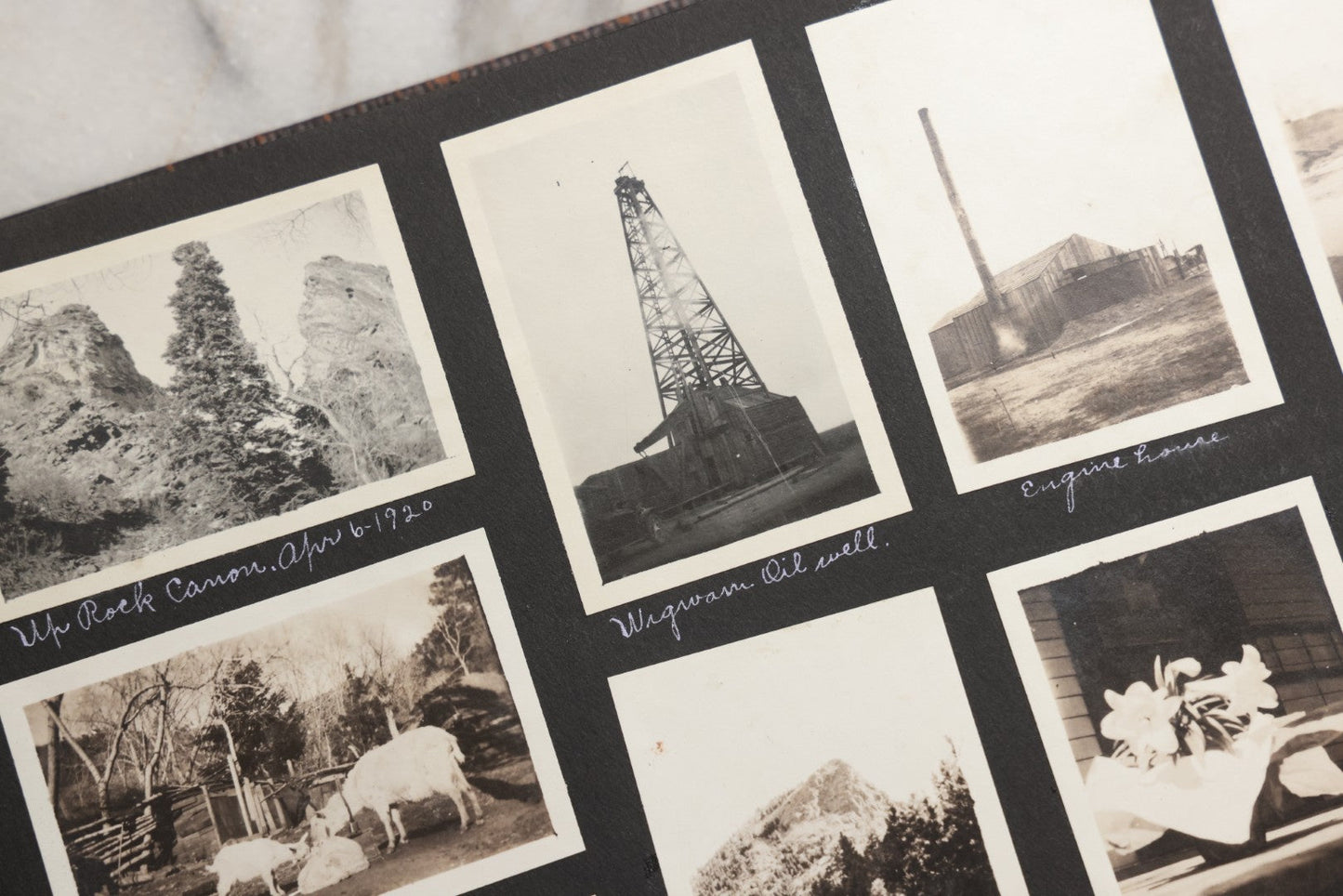 Lot 025 - Antique Snapshot Photo Album Gifted To Zella On Christmas 1916 With 1750+ Photos Of Midwest And Western Scenes Including Telluride & Greeley Colorado, Farm Life, Animals, Automobiles, Oil Wells, Early Aviation, And WWI Soldiers, 1916–1920