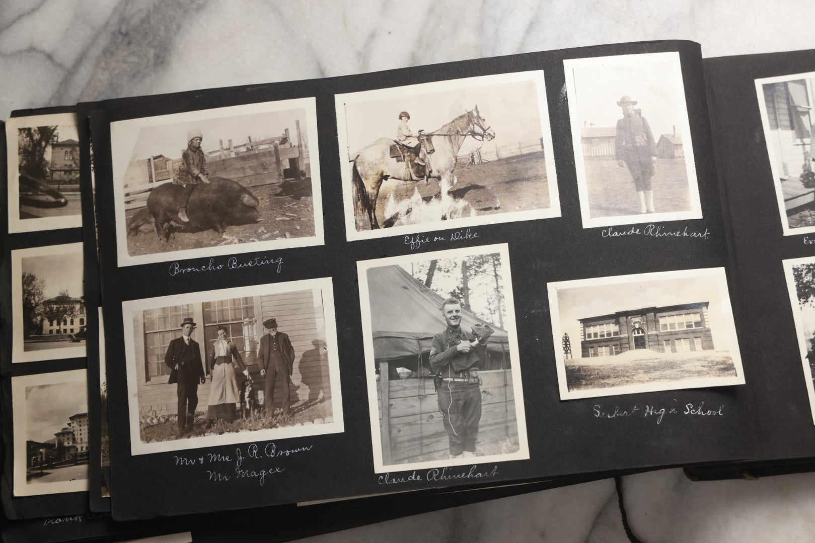 Lot 025 - Antique Snapshot Photo Album Gifted To Zella On Christmas 1916 With 1750+ Photos Of Midwest And Western Scenes Including Telluride & Greeley Colorado, Farm Life, Animals, Automobiles, Oil Wells, Early Aviation, And WWI Soldiers, 1916–1920
